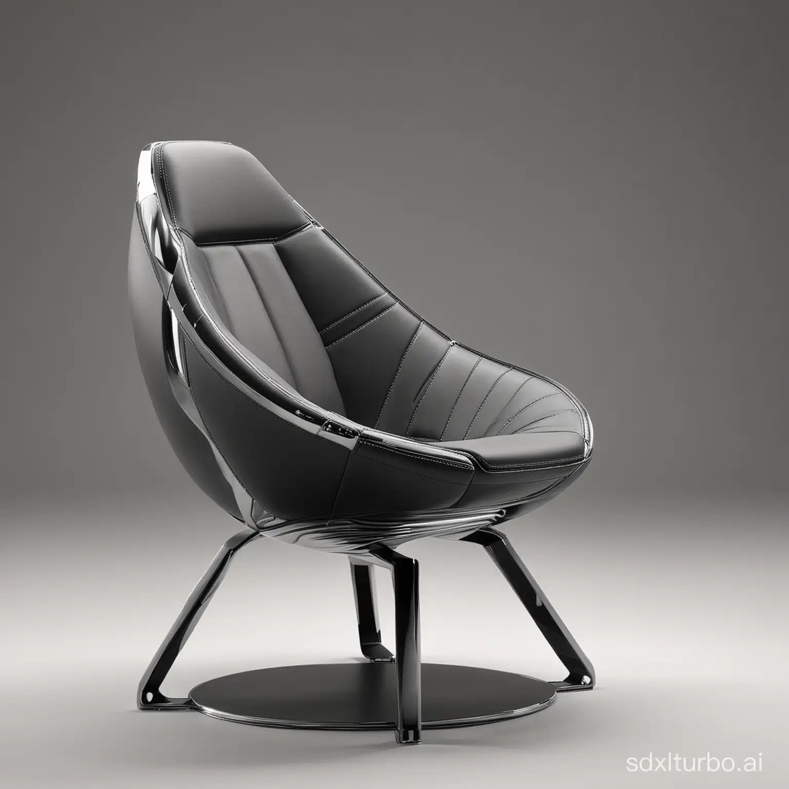 Design a chair inspired by the styling design DNA of the BMW brand, integrating its iconic streamlined shape and avant-garde technology. The chair uses black and silver as the main colors, and the material is a combination of carbon fiber and high-grade leather, reflecting a high-end and luxurious texture. The design of the seat part is inspired by BMW car seats, focusing on comfort and support, with elegant curves, and the edge of the seat simulates the stitching design of car seats. The seat back design draws on the streamlined back of BMW vehicles and adds subtle kidney grille elements. The base design is simple and modern, with a strong sense of technology and dynamics. The overall design not only reflects the brand spirit of BMW, but is also a practical and futuristic work of art.