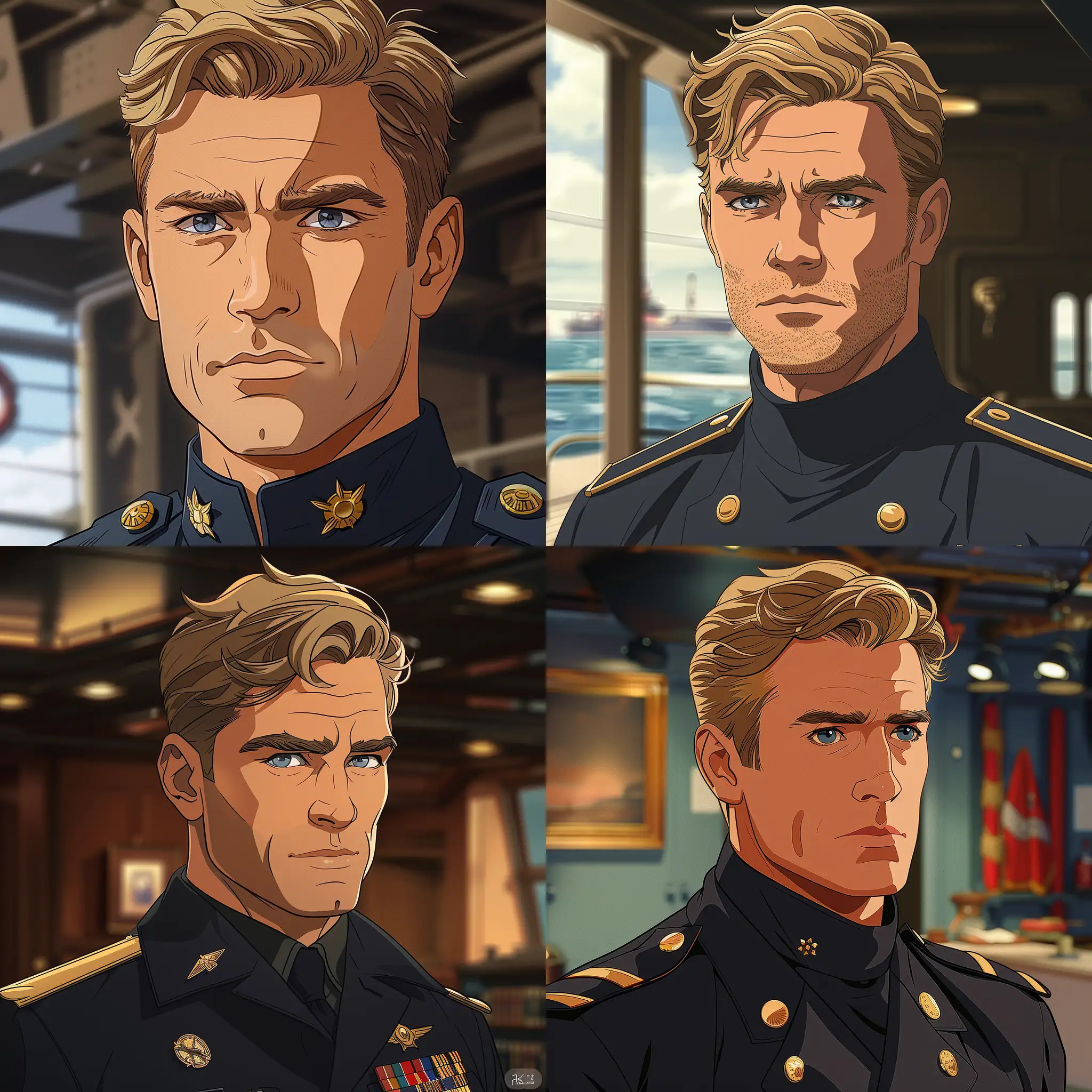 Military man with firm bearing. His short, blonde hair frames a serious face, and his eyes transmit a remarkable intensity, navy uniform, his presence commands respect,,cartoon, zoom out x3 --ar 140:140 --stylize 750 --v 6