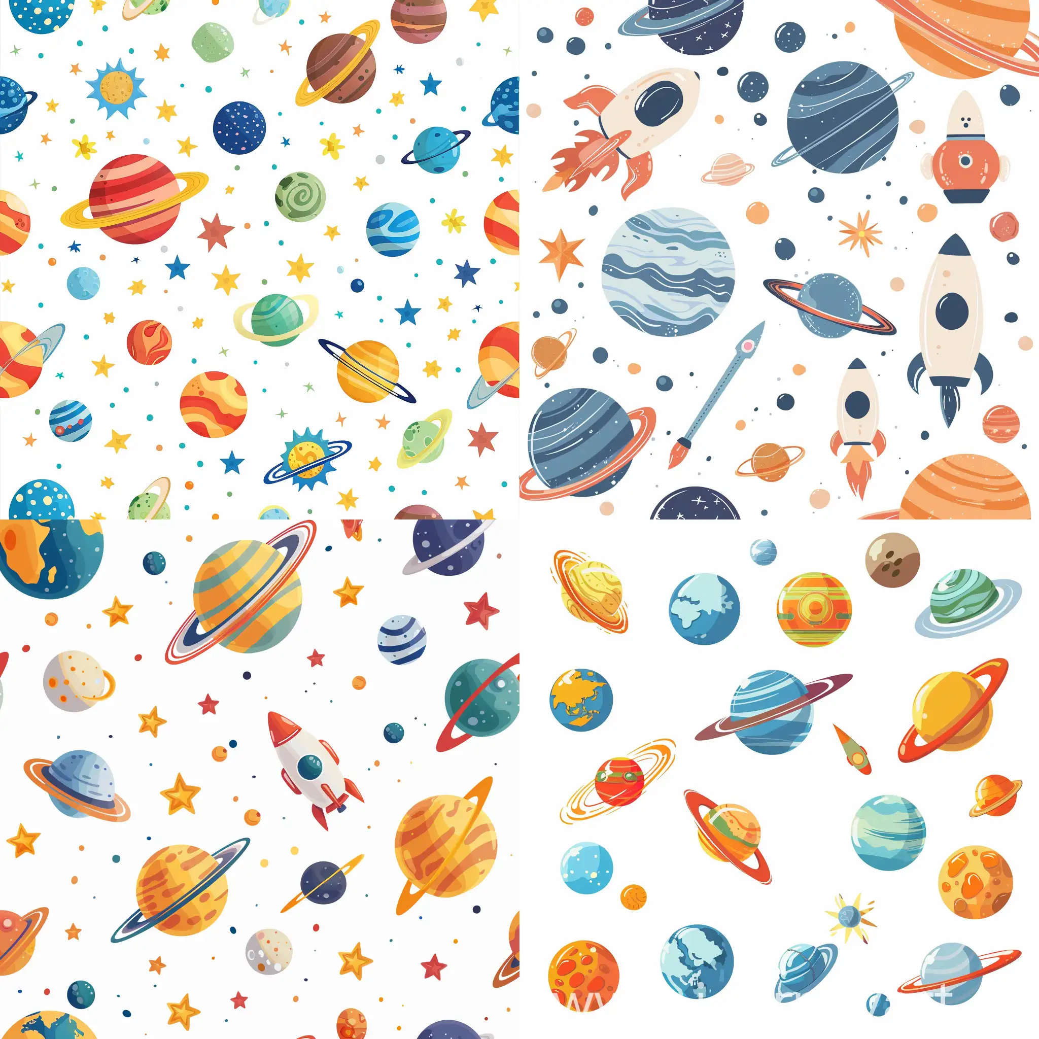 adorable 2D planets and space objects white background