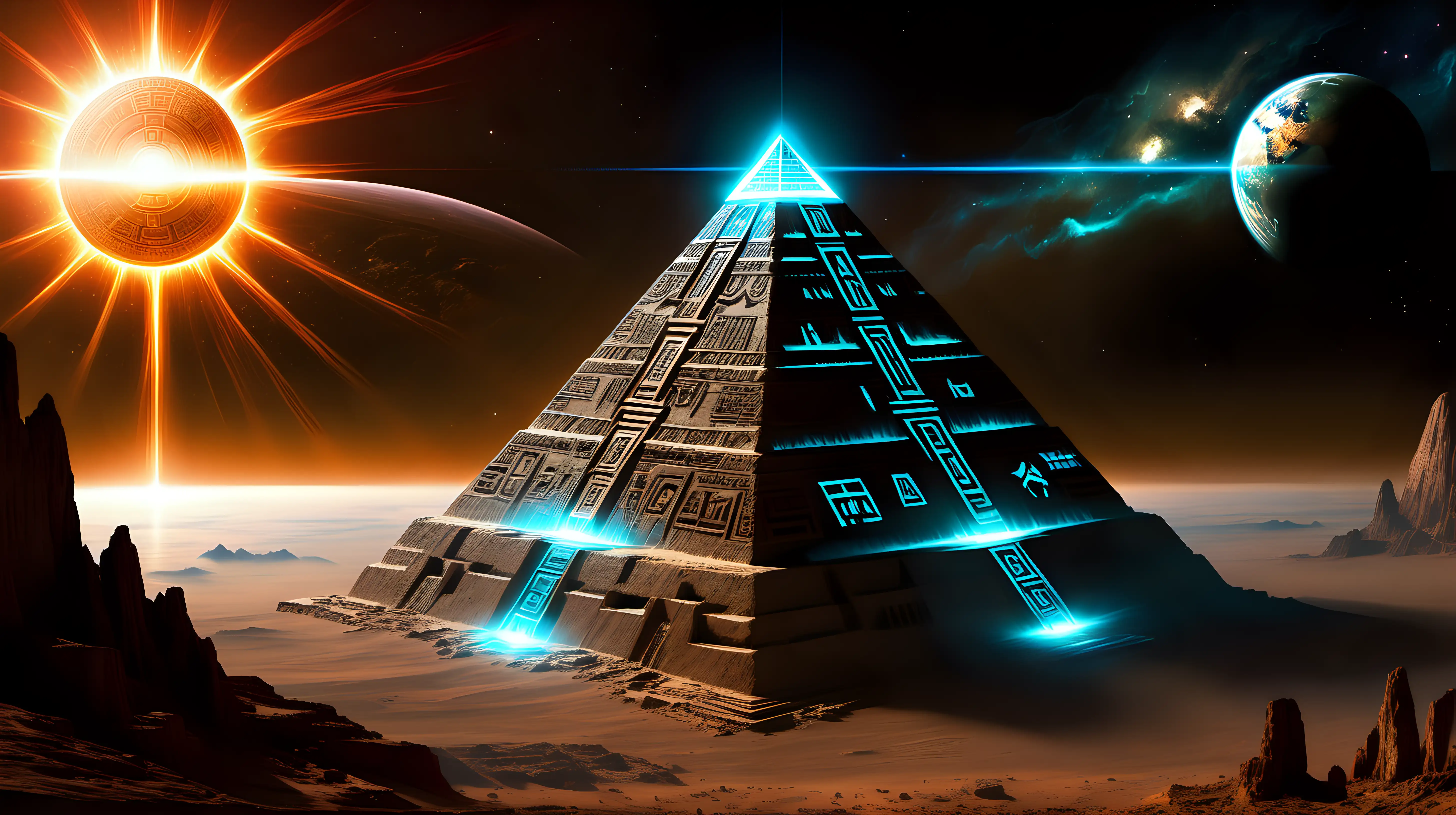 A towering, pyramid-shaped alien vessel adorned with glowing hieroglyphic symbols, emanating an otherworldly energy as it descends towards the planet.