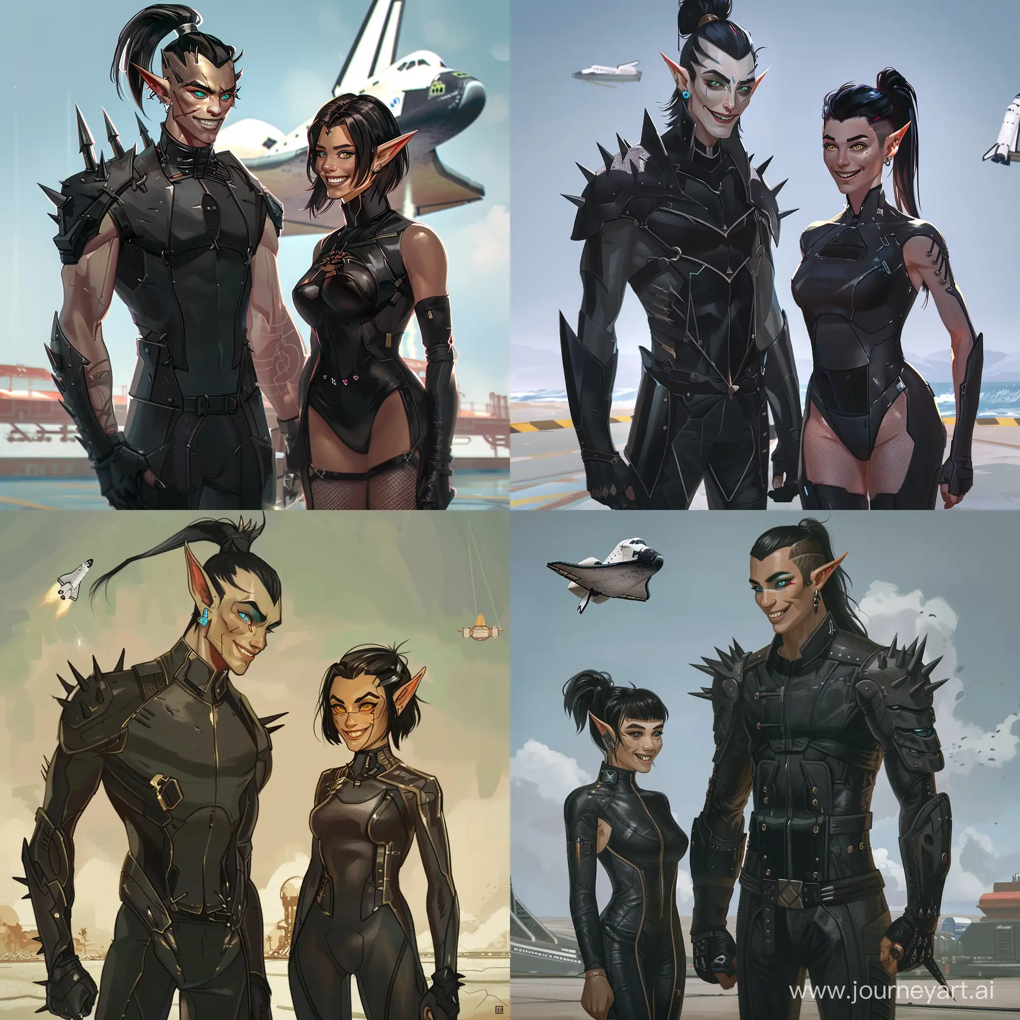 Futuristic-Elven-Warrior-and-Human-Assassin-at-Space-Shuttle-Landing-Zone
