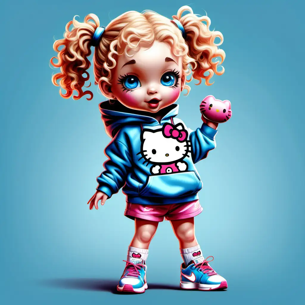 Create a high resolution vector caucasian 3 year old girl with short blonde curly hair that's in two ponytails, blue eyes, dressed in a nike hoodie and sweatshorts with knee high socks wearing nike shoes. she is holding a hello kitty, behind her is a vibrant splash of colors, fine details