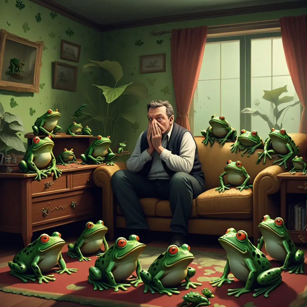 Una imagen donde la sala de estar este infestada por ranas, se ve un hombre de mediana edad preocupado por las ranas en su hogar