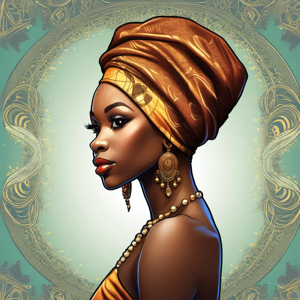 design a book cover background with the profile of an African American princess wearing a head wrap 
