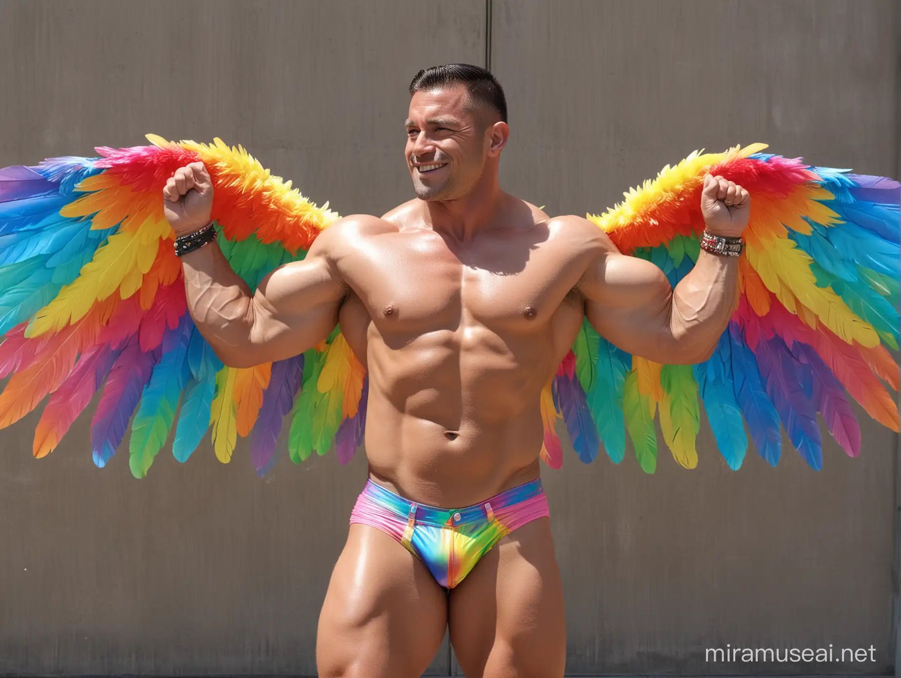 Topless 30s Ultra Beefy IFBB Bodybuilder Man wearing Multi-Highlighter Bright Rainbow Coloured See Through Eagle Wings Jacket short shorts and Flexing Big Strong Arm with Doraemon