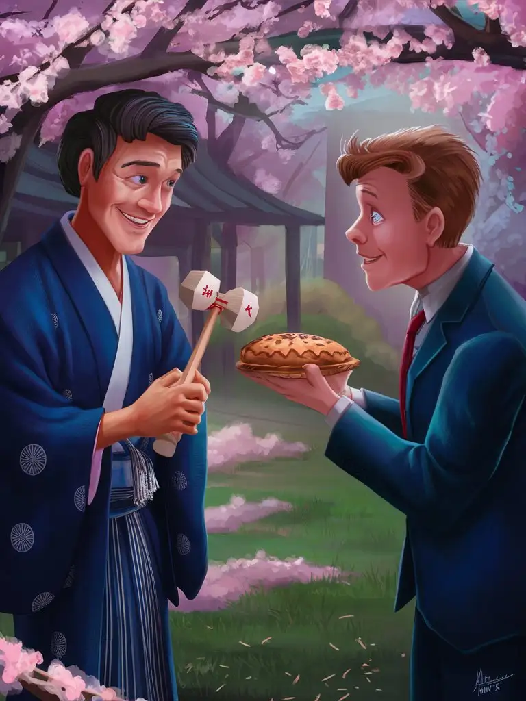 A Japanese man in kimono holding a kendama and sharing it with an American in suit holding one apple pie