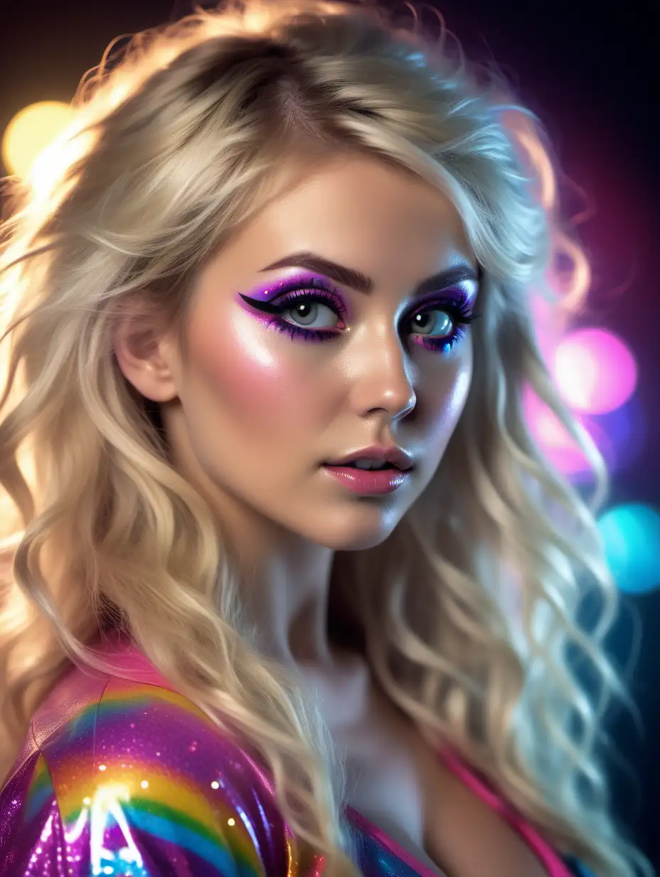 Beautiful Nordic woman, very attractive face, detailed eyes, big breasts, slim body, dark eye shadow, messy blonde hair, wearing a 1980’s outfit inspired by Lisa Frank, close up, bokeh background, soft light on face, rim lighting, facing away from camera, looking back over her shoulder, Illustration, very high detail, extra wide photo, full body photo, aerial photo