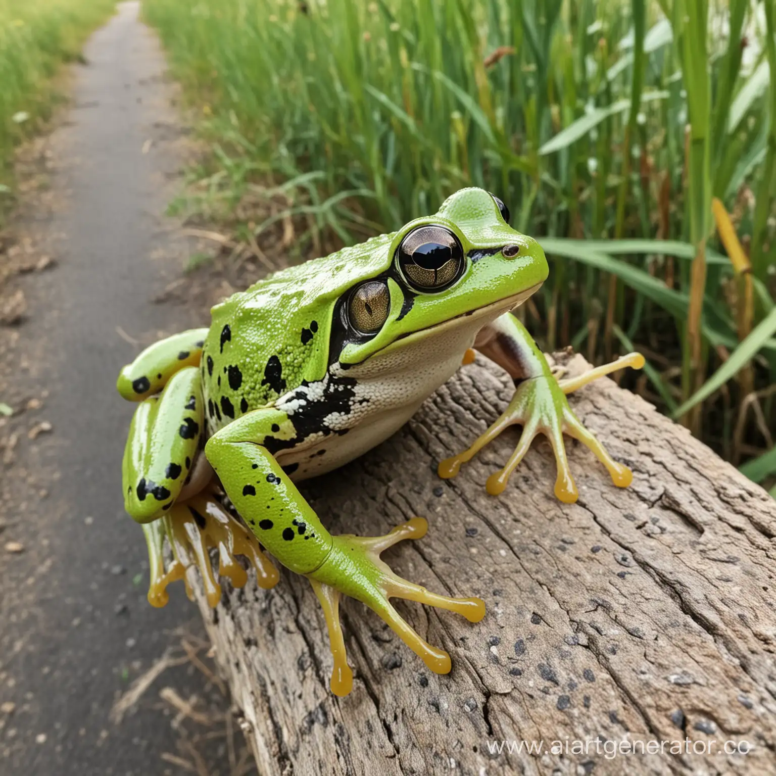 Green-Frog-Walking-Among-Reeds-and-Burdock-Leaves