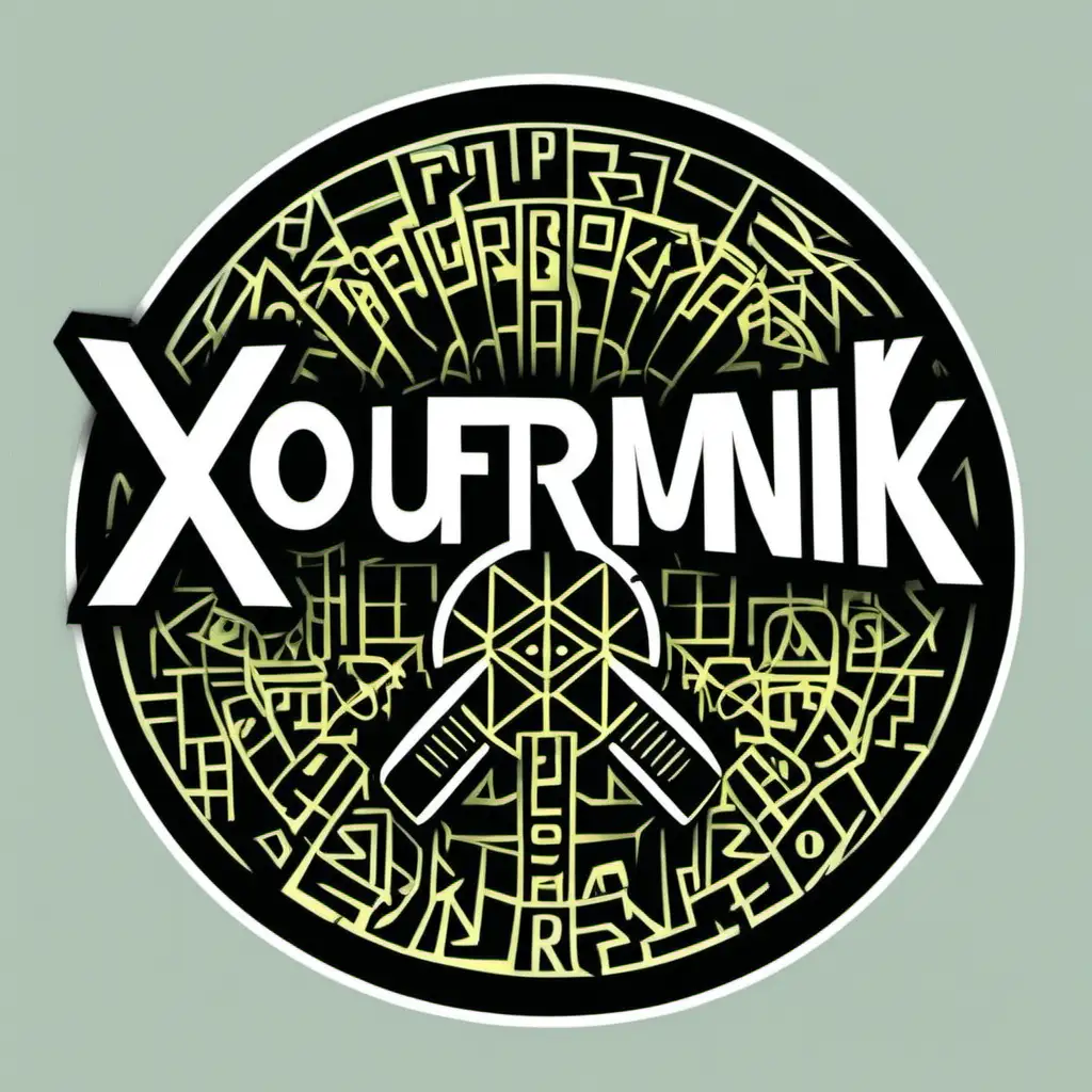 Print lettering "Xofurmik" in correct order and clearly on a round logo with rave equipment 