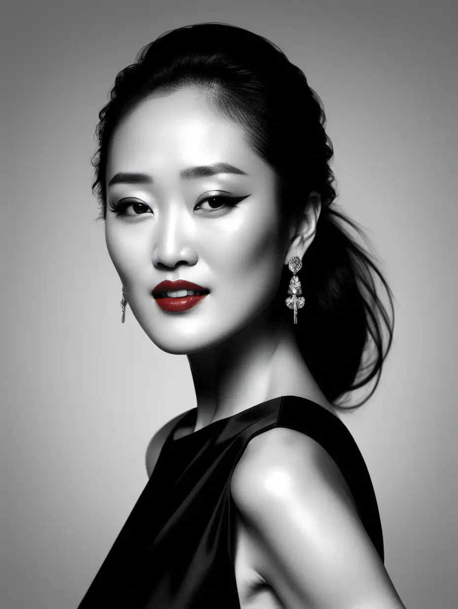 an illustration of Gong Li , a little smile , red lips and model in black and white, in the style of red, mario testino, serene faces, effortlessly chic, blink-and-you-miss-it detail, chris labrooy, xu beihong