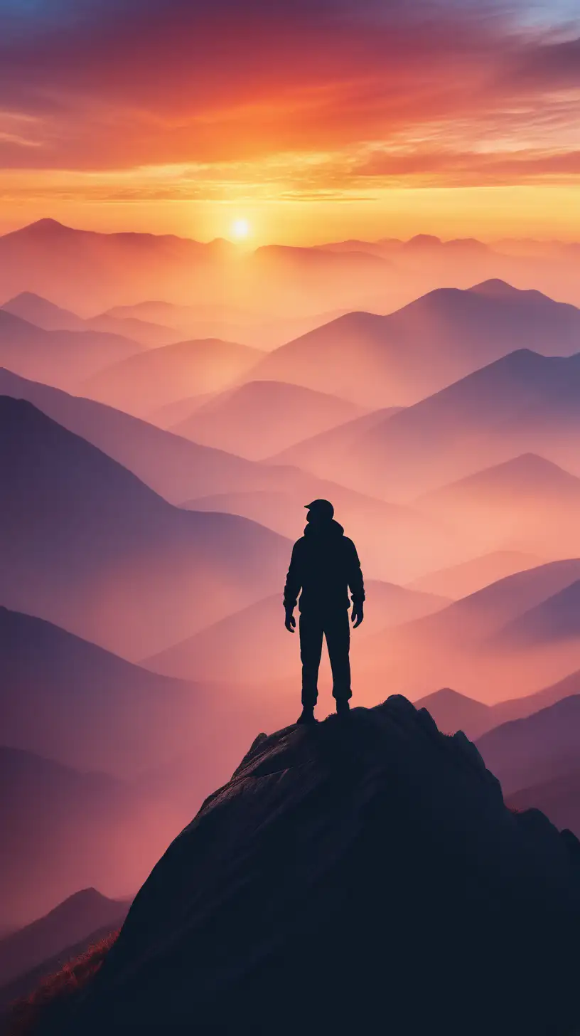 create a realistic image of A silhouette of a person standing on a mountain top, facing a vibrant sunrise, symbolizing overcoming obstacles and the dawn of new beginnings