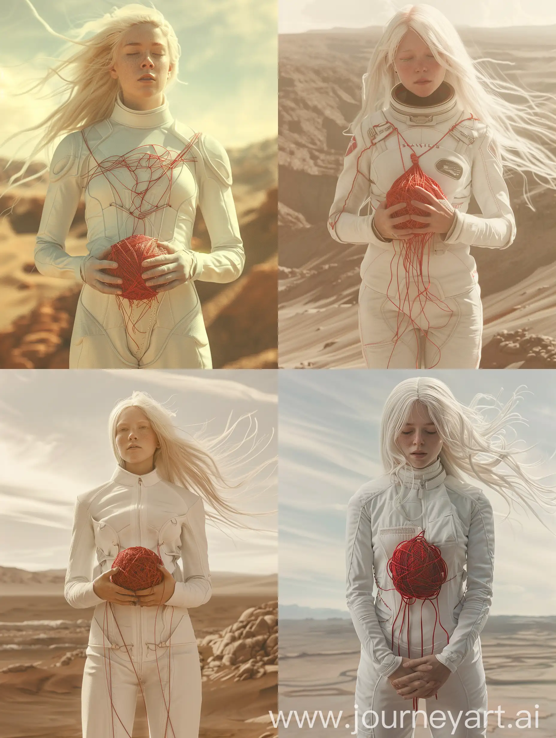 Blonde-Girl-in-White-Space-Suit-Embracing-Red-Threads-on-Mars-Landscape