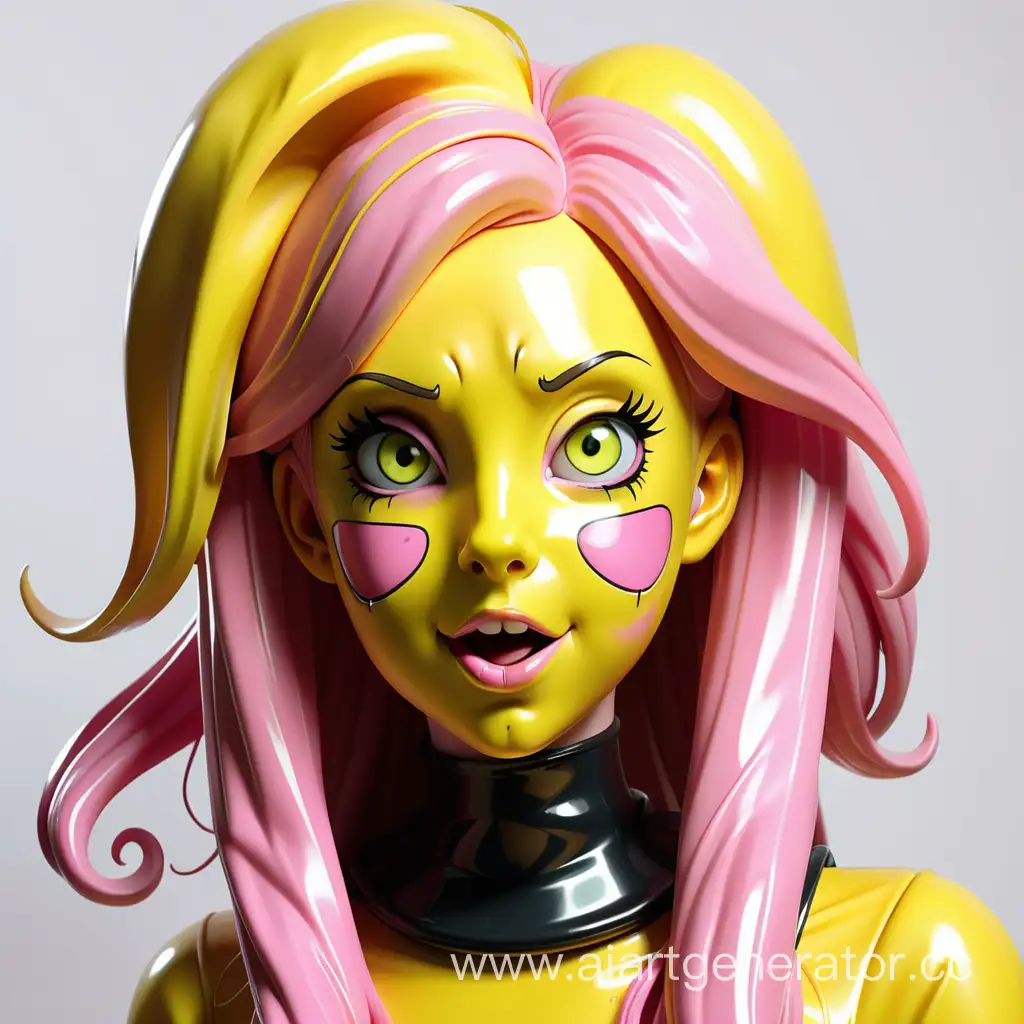 Хуманизация Флатершай в латексную девушку с полностью желтой латексной кожей с желтым латексным лицом с розовыми резиновым волосами и мордой пони вместо лица
