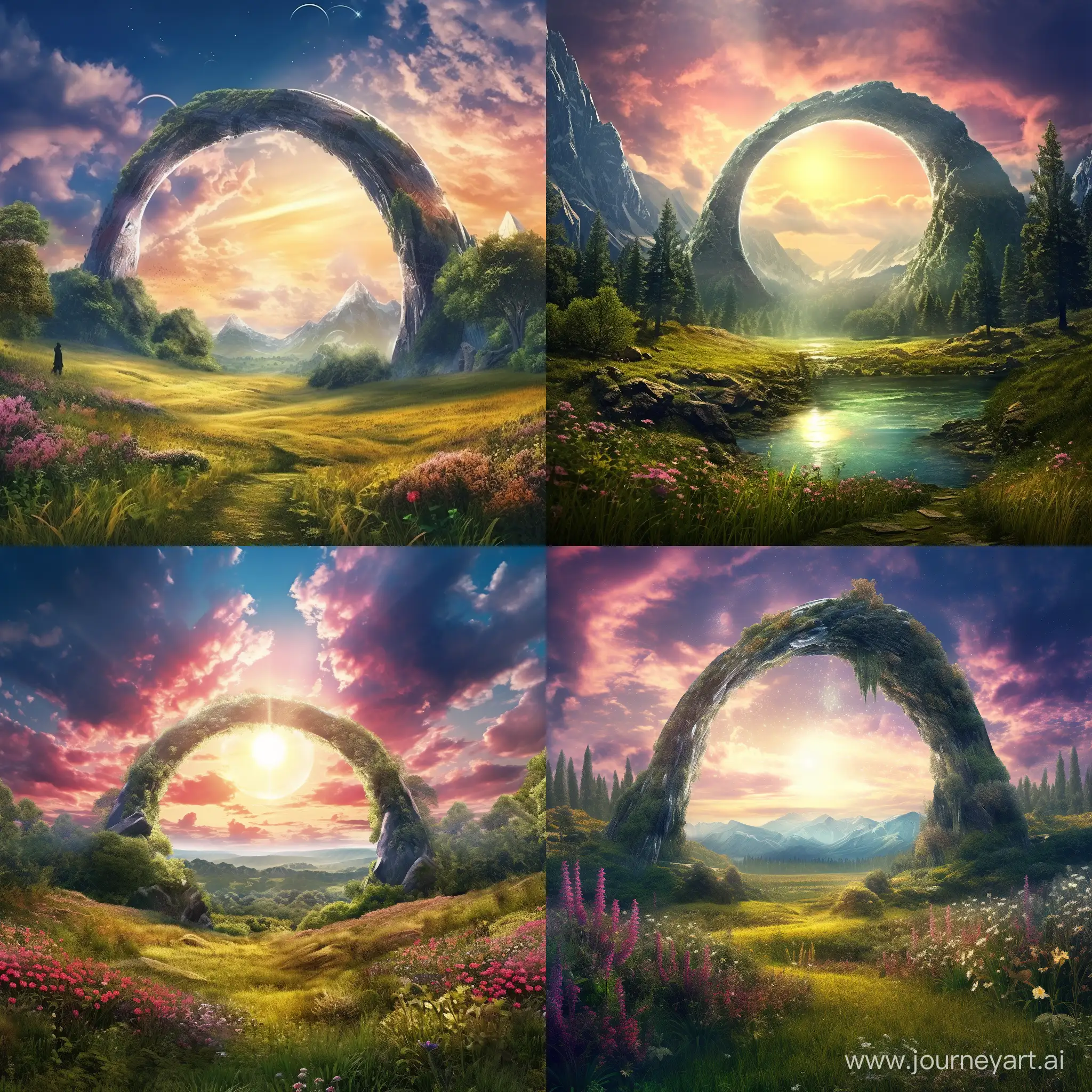 lush meadow with large alien arch in background, vibrant colorful clouds, bright sunlight reflections and highlights, style: digital painting with detailed textures and lighting effects to create a sense of depth and realism
