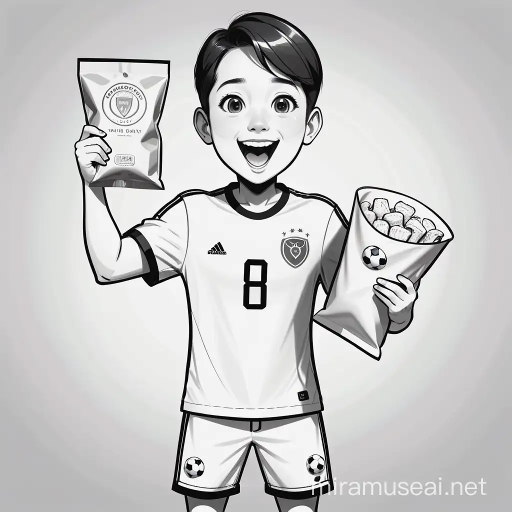 digital charicature of soccer fan cheering
, holding snack bag, line drawing, 