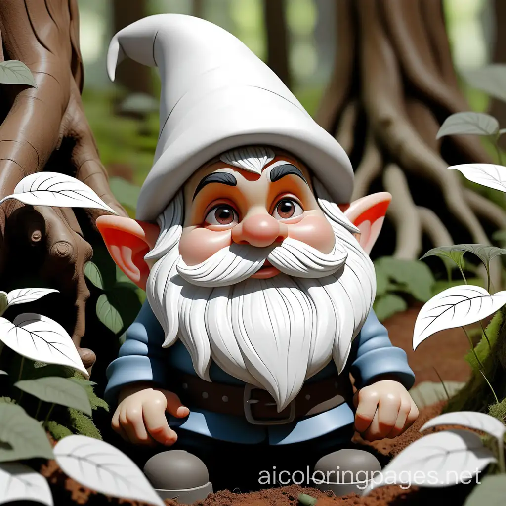 a gnome in the forest, Coloring Page, black and white, line art, white background, Simplicity, Ample White Space. The background of the coloring page is plain white to make it easy for young children to color within the lines. The outlines of all the subjects are easy to distinguish, making it simple for kids to color without too much difficulty