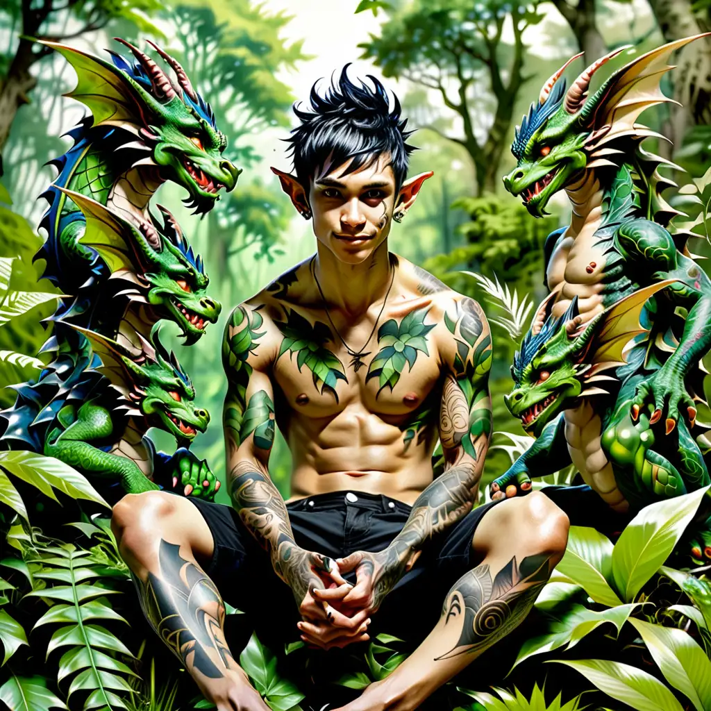 a man sitting on top of a lush green forest, hatched pointed ears, character splash art, tatoo, group portraits, boy, as an anthropomorphic dragon, zyzz, exotic fey features, breeding, two pointed ears, oil painting of an overpopulated