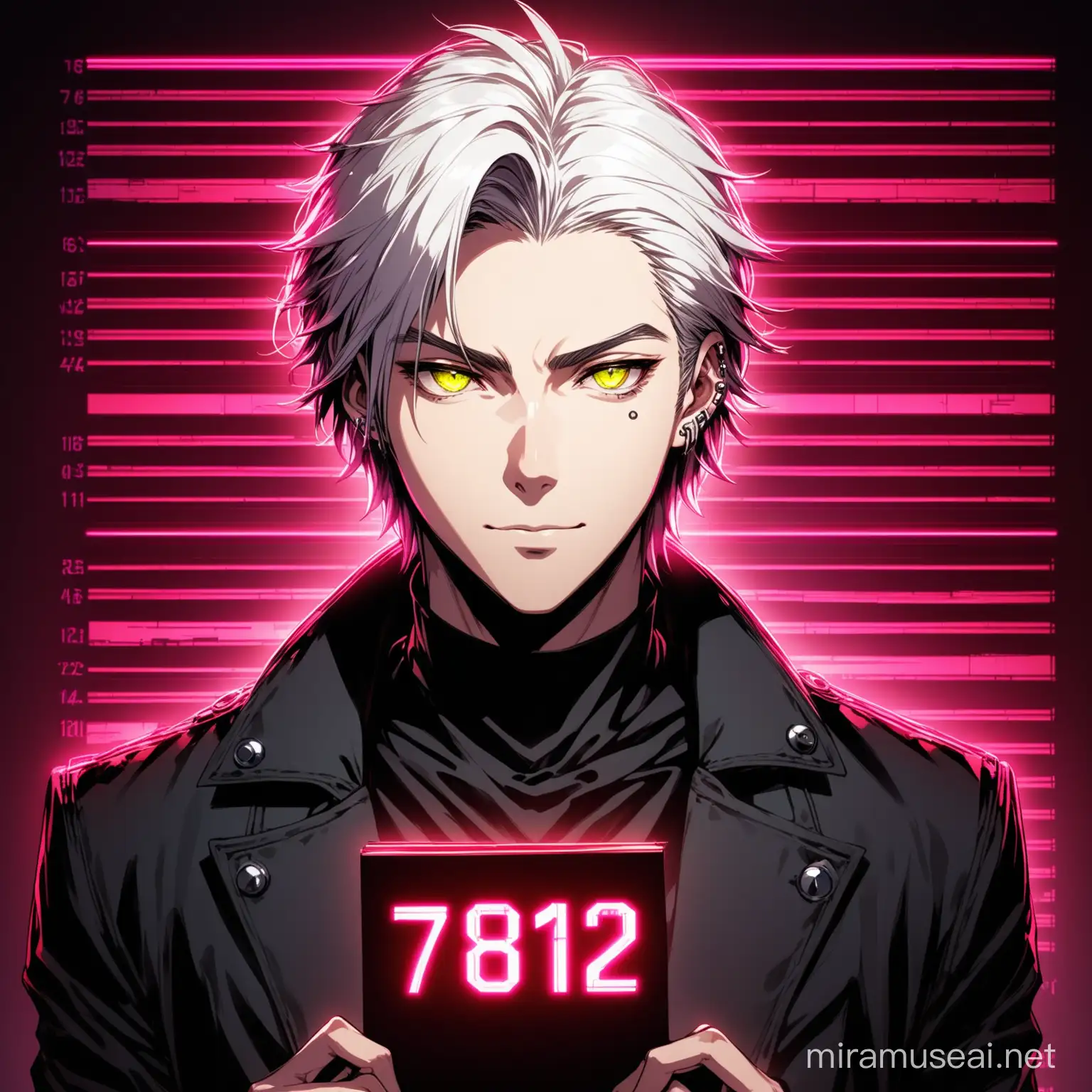 Kyoto animation stylized anime mixed with futuristic cyberpunk artworks ~ young Male staring into the camera for a mugshot or ID photo, no beard, no facial hair, heterochromia eyes, suit, pale skin, white hair, slim build, long modern mullet hair cut, pretty boy face, rich, ear piercing, white background, identification numbers, red neon lighting, holding up paper with number: 783723. Cinematic Lighting, dark lighting, dystopian view, ethereal light, intricate details, extremely detailed, complex details, insanely detailed and intricate, hypermaximalist, extremely detailed with rich colors. masterpiece, best quality, aerial view, HDR, UHD, unreal engine. Slim young man, white hair, smug aura, unimpressed face, ((acrylic illustration by artgerm, by kawacy, by John Singer Sargenti) dark fantasy background, blade runner, akira, fair skin, handsome face, rich in details, high quality, gorgeous, dystopian, neon signs, final fantasy style, gorgeous, glamorous, 8k, super detail, gorgeous light and shadow, detailed decoration, detailed lines, glitchy aesthetic, mugshot, 1x1