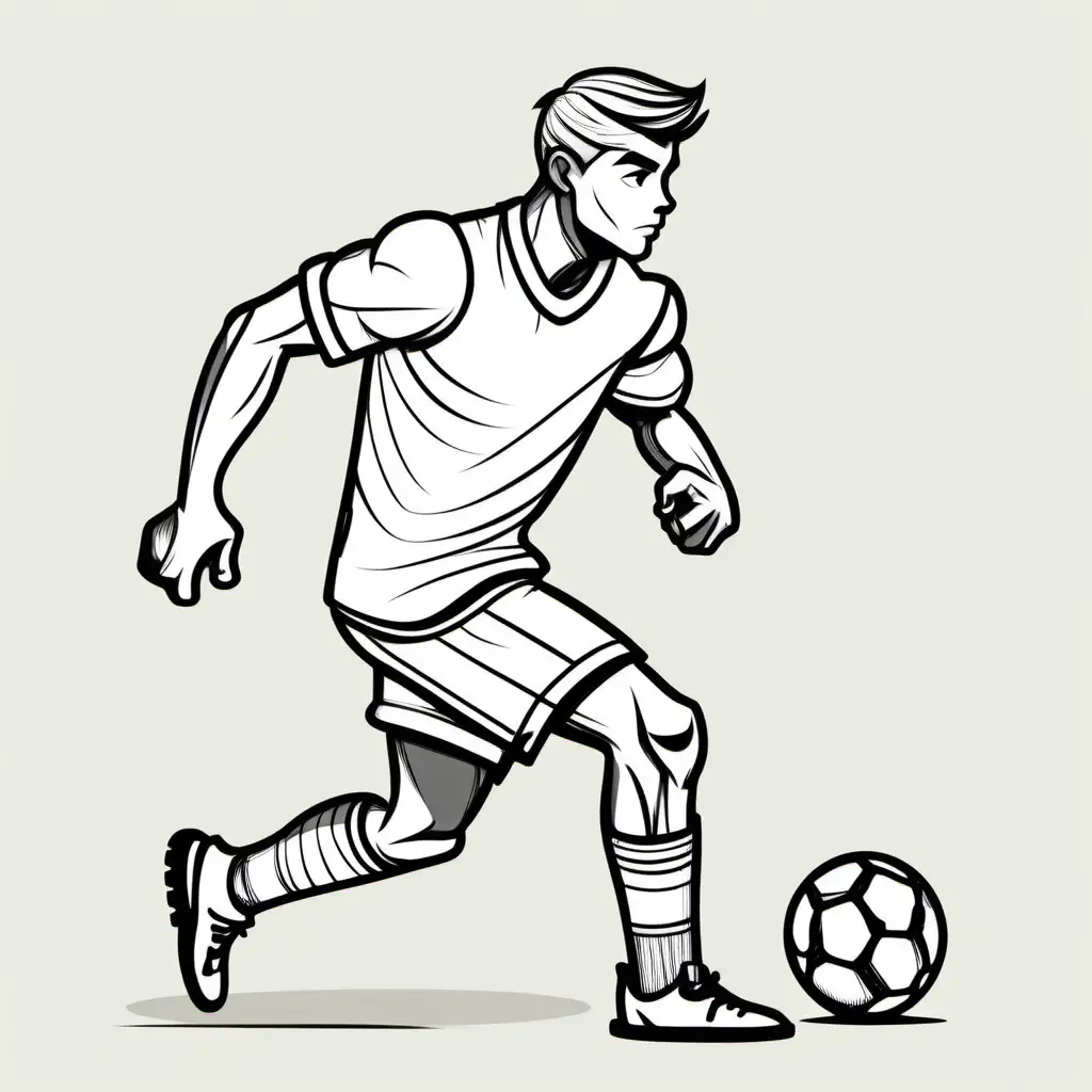 muscled teen boy from the front, face side view, playing soccer, thick outline