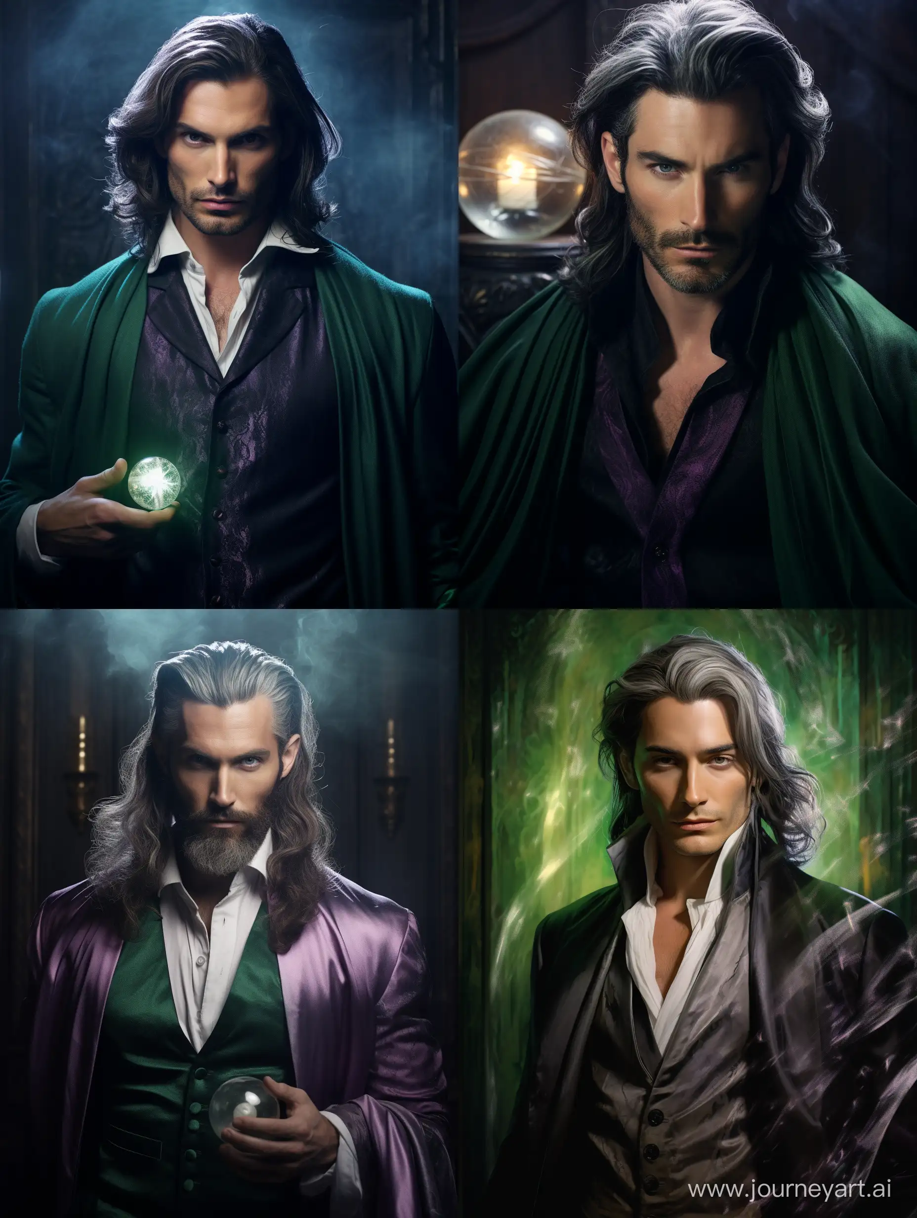 a tall interesting man mage with a minimal light renaissance dress, dark long hair and green and grey persuasive eyes,fully shaved face, purple scarf,silver fox,magic light sphere