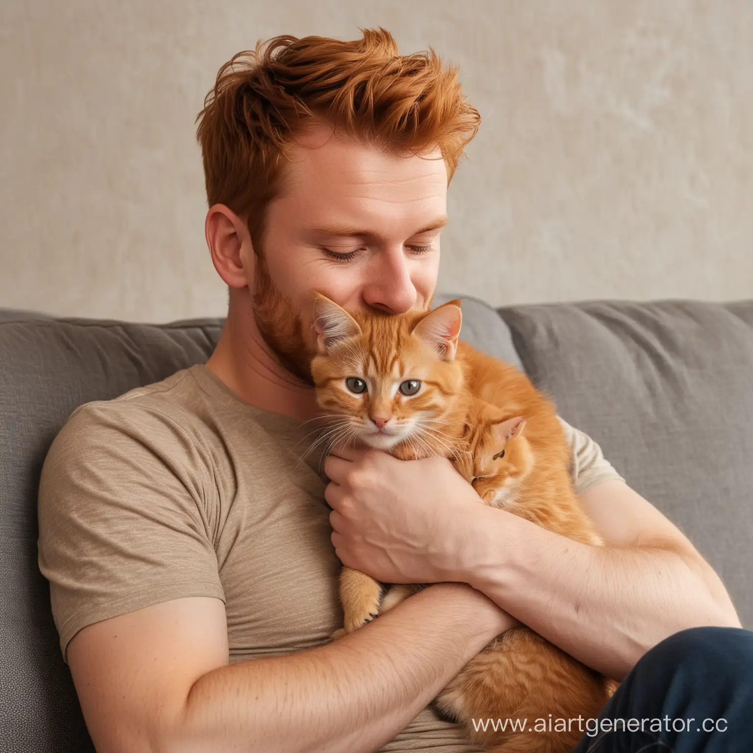 Man-Sitting-on-Couch-Hugging-Young-Ginger-Kitten