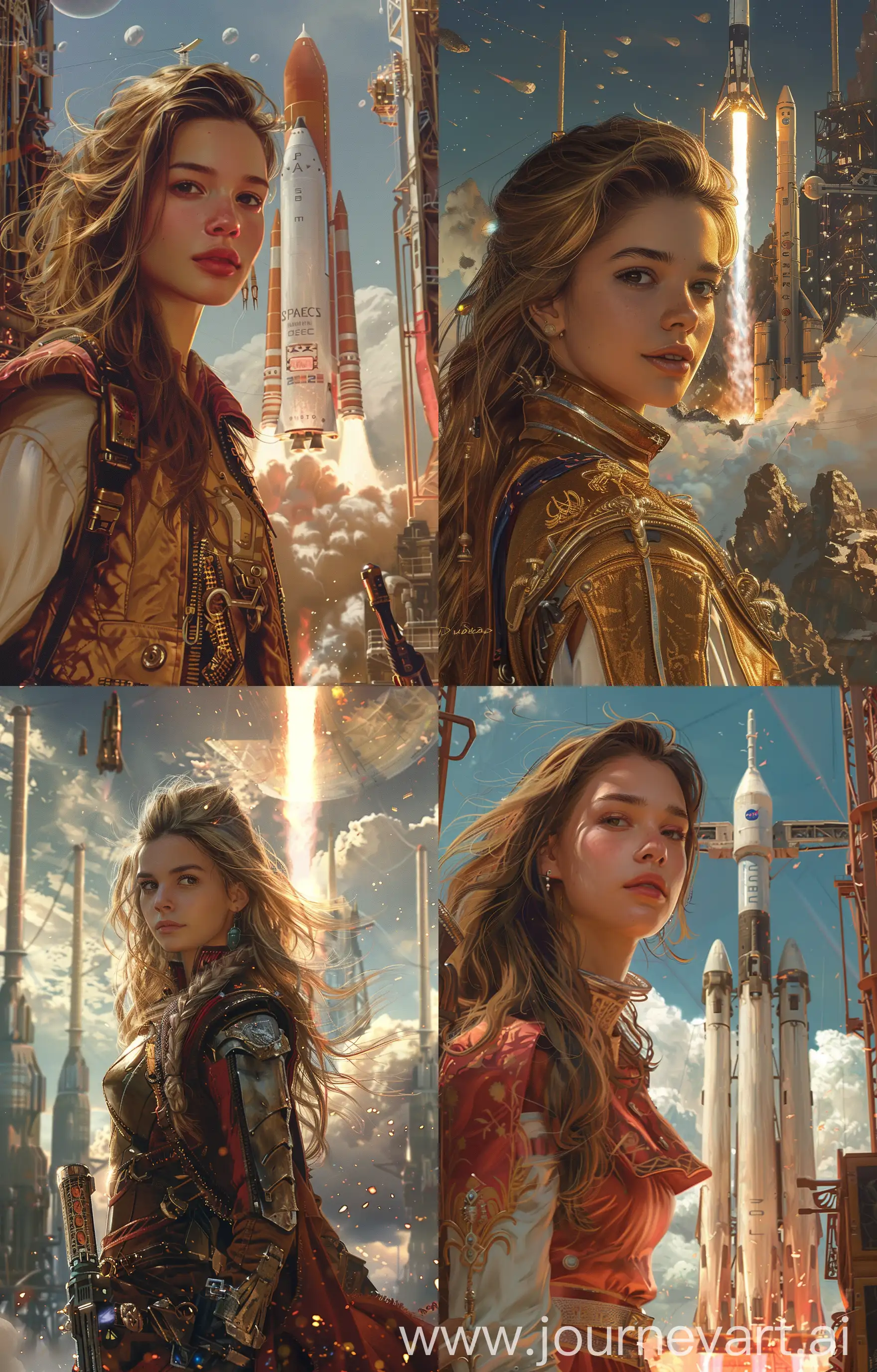 Create a visually exciting and challenging illustration in a realistic fantasy style of a beautiful young woman Space Nomad and Wanderer in front of a spaceship launch. The illustration should depict a scene reminiscent of a Tarot card, show grand scale, and incorporate influences from Nabis and Dungeons & Dragons and cosmoopera --s 250 --ar 9:14