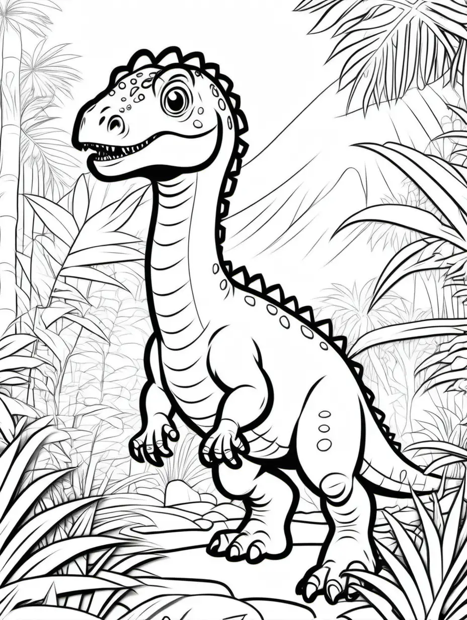 coloring page for kids, a Abelisaurus in a jungle, cartoon style, thick lines, low detail, no shading -- ar 9:11 --v5