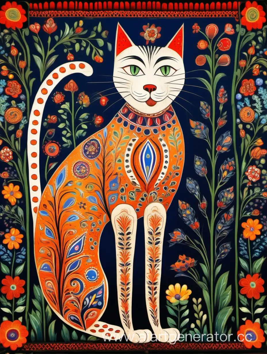 a folk art big tall thin cat, in the belarussian folk art background
