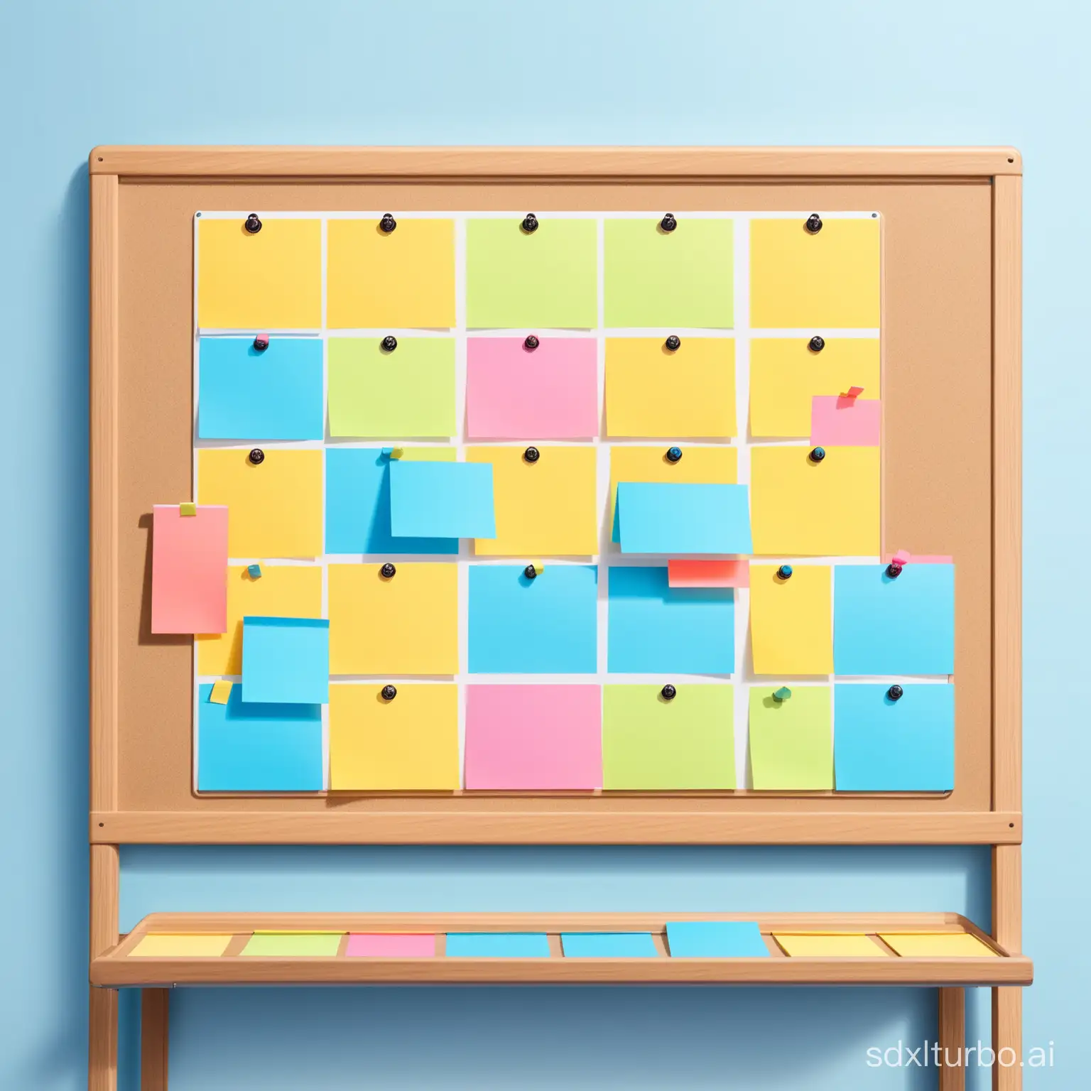 One whiteboard on wheels with a full on camera view. It has approximately 10 organized colourful blank sticky notes neatly placed in the center of the board in a grid-like fashion, the rest of the board is empty. The sticky notes are coloured pale azure, chefchaouen blue, light yellow, and coral. No push pins, no magnets and no cork bulletin board