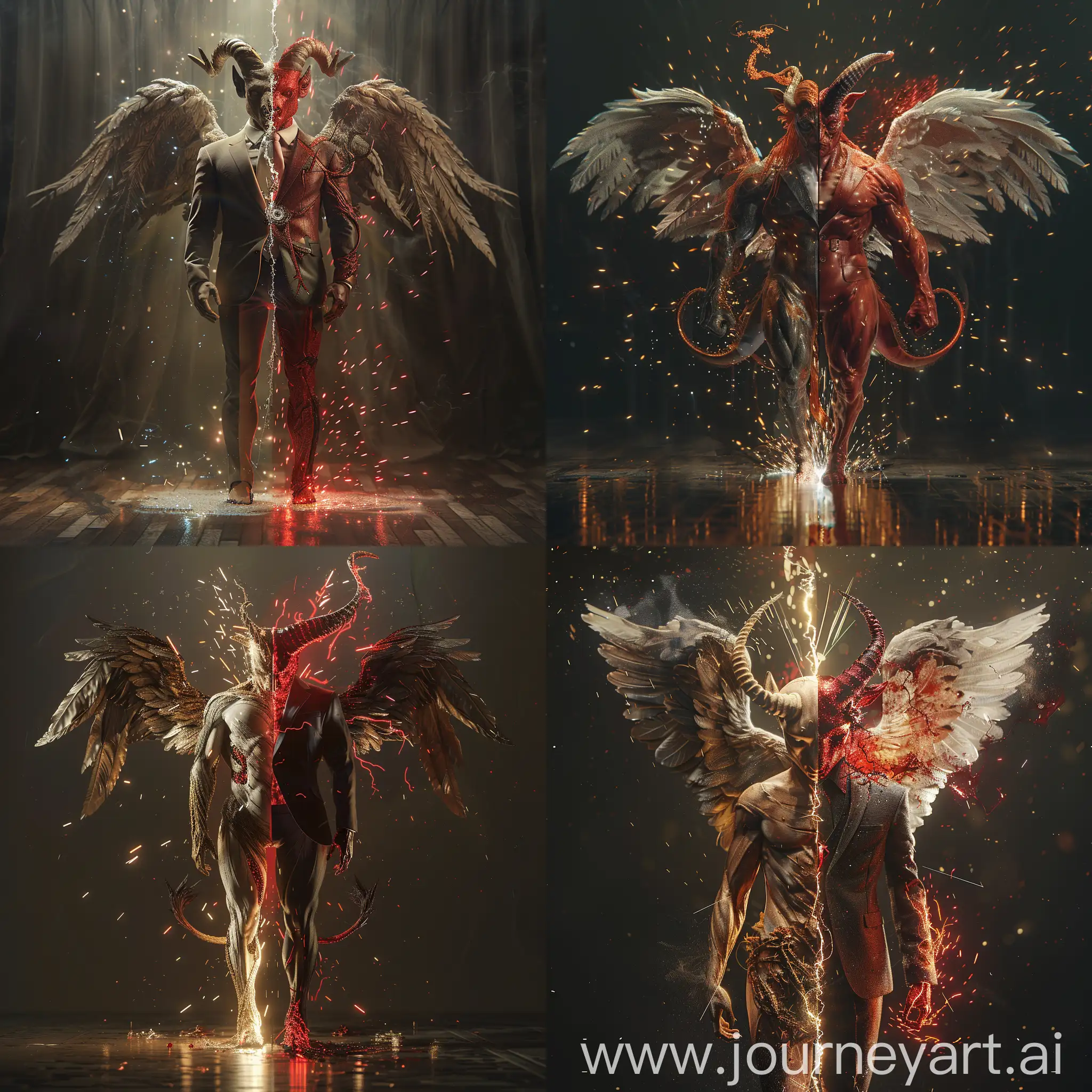  16k Hyperrealistic detailed sharp 3d digital illustration full body of a centaur split into two parts. One part an angel with wings, one part a red devil in a suit, dark art. Gorgeously backlit, magic sparks. brushstrokes by Carne Griffiths, C215, Robert Oxley. CGI by Ricardo Salamanca. ZBrush, Octane Render, Unreal Engine 5 render--stylize 750 --v 6