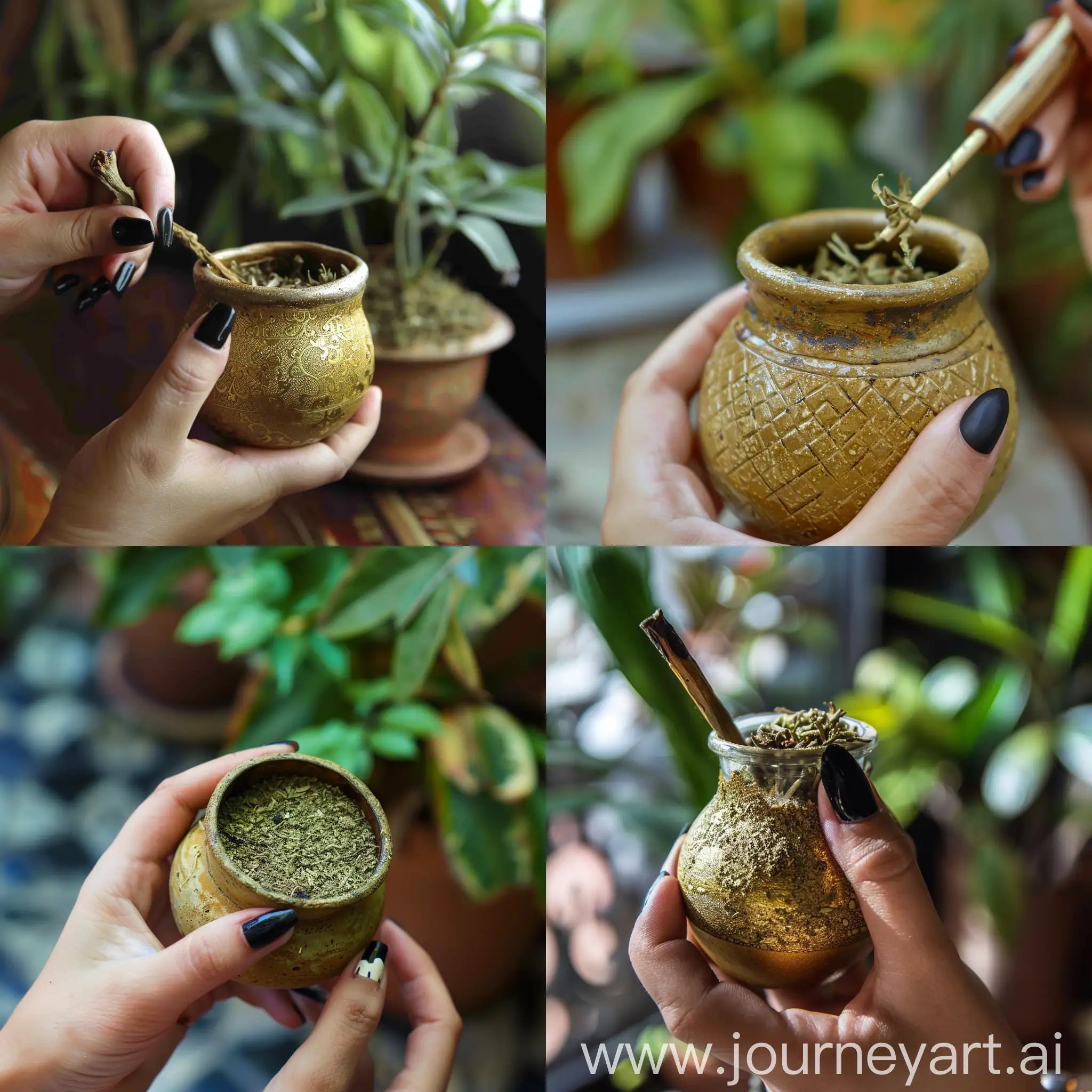 Female-Hand-Holding-Chimarro-with-Yerba-Mate-Plants-in-Background