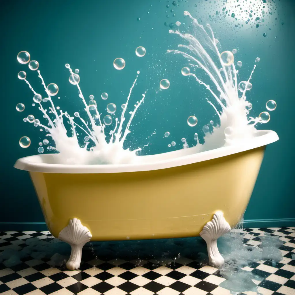 sixties style bathtub with water splashing everywhere and bubbles