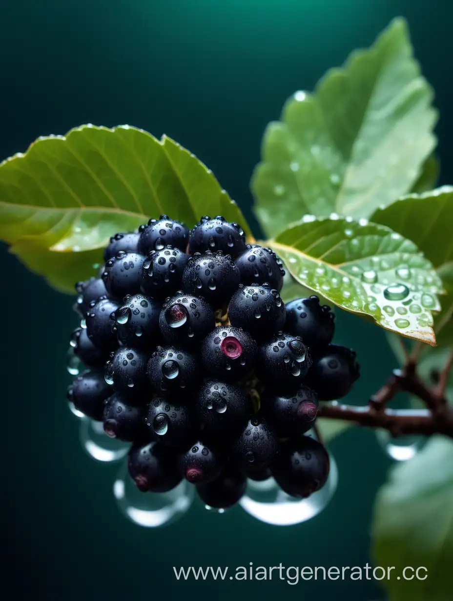 Dark-Green-Aronia-Fruit-with-Blue-Flowers-and-Water-Droplets