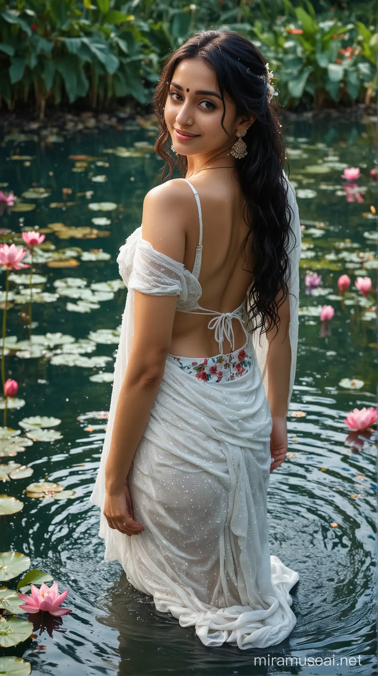 Beautiful European Indian Bride Bathing in Pond with Vibrant Lotus Flowers