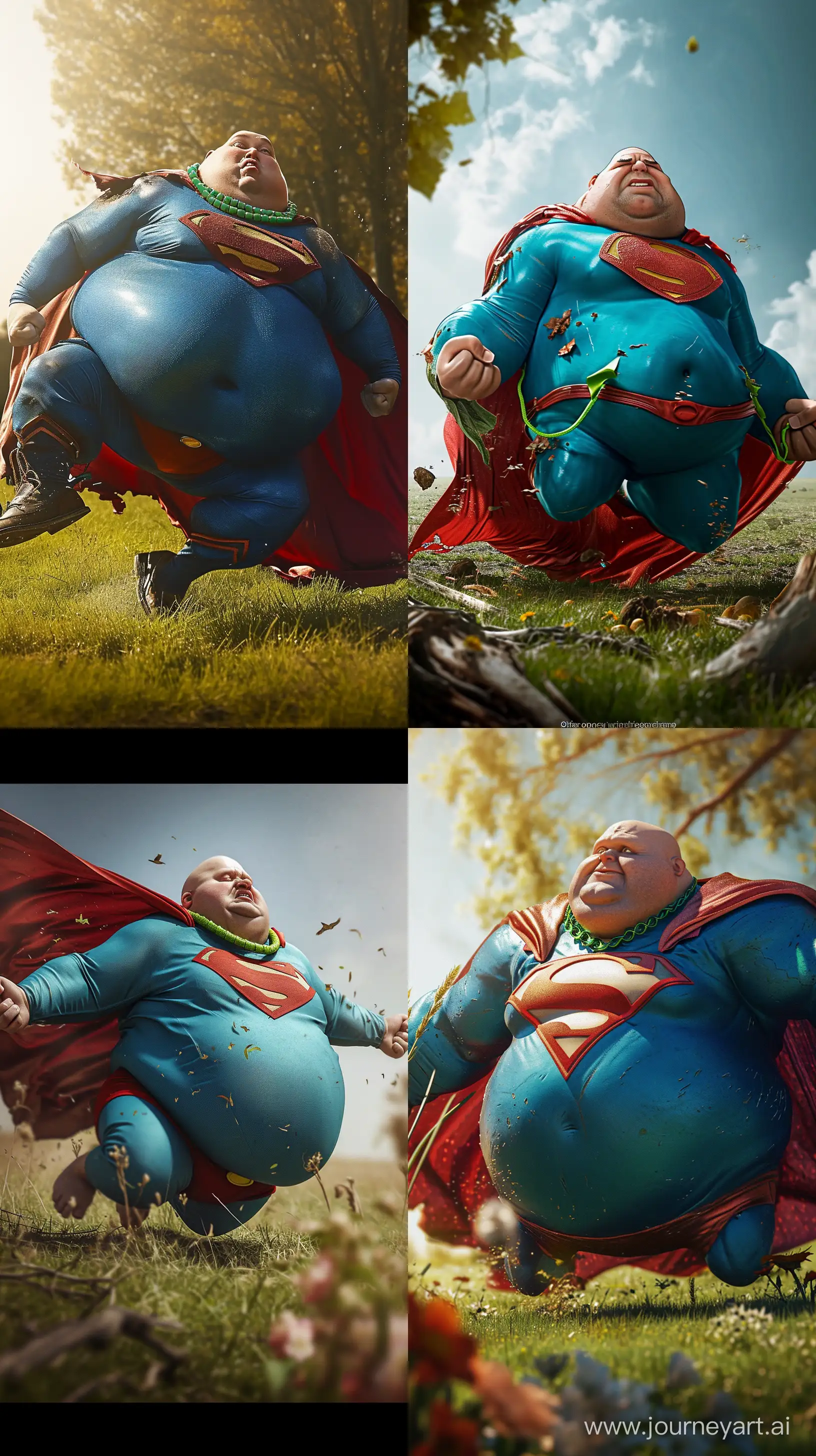 Photo of a chubby man falling on the ground. He is wearing a slightly shiny bright blue superman costume with a big red cape. He wears a bright green necklace. Meadow with Natural Light. Full body shot. Clean shaven. Bald. High-quality. --ar 9:16 --v 6