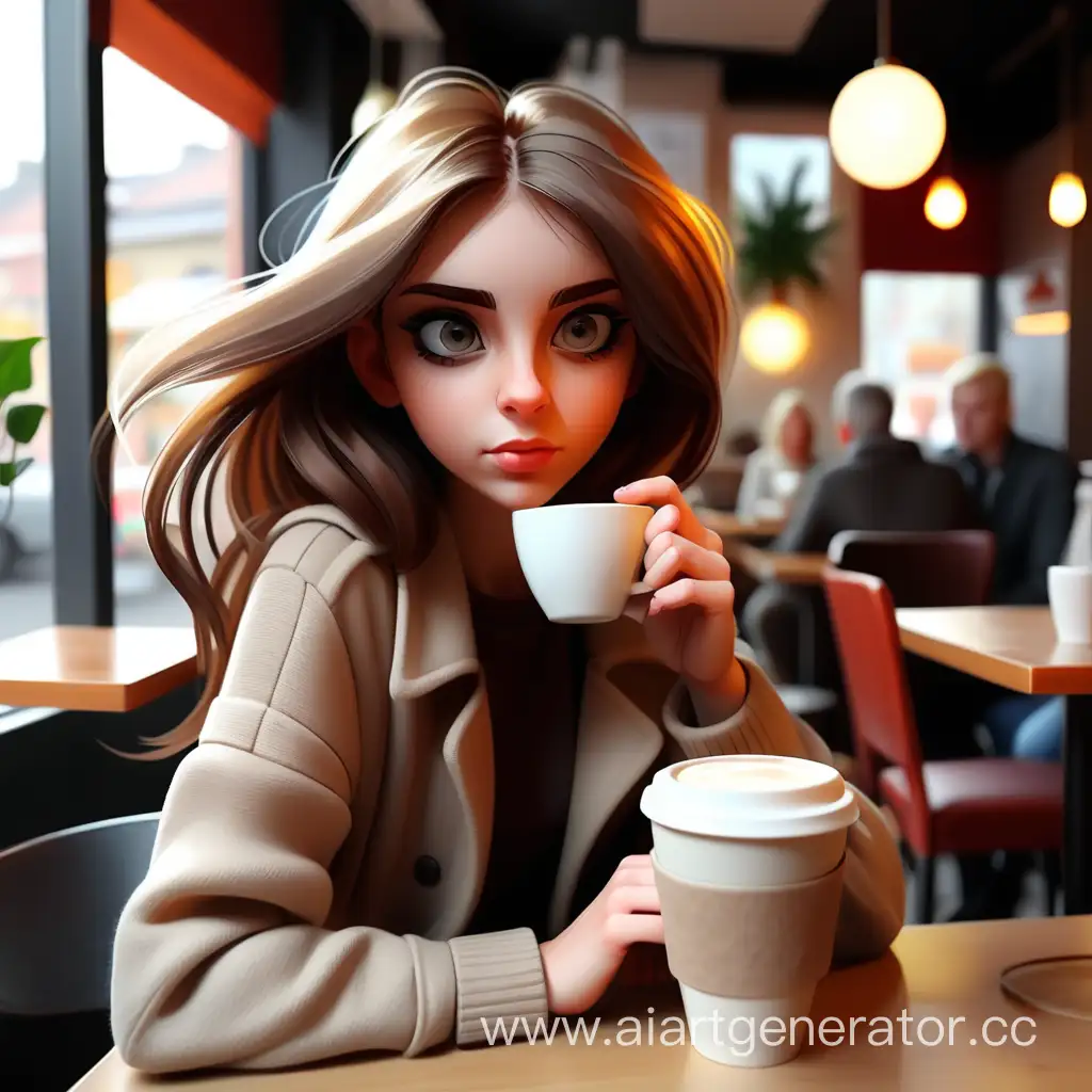 девушка в кафе пьет кофе