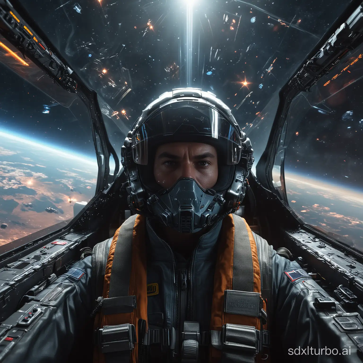 portrait of a space fighter inside his fighter jet, there is a reflection on the visor for the HUD plus some information about speed, altitude and tracking information about enemy fighter. show in the scene the sense of an intense arial battel., nebula background