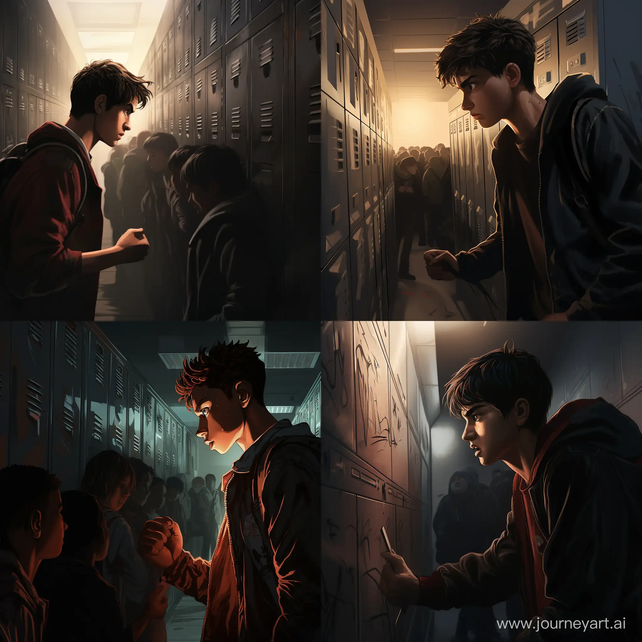 In a dimly lit school hallway, student looms over a smaller peer, forcefully pressing them against a row of lockers. The bully's raised fist and threatening to hit. Frame the scene from a side view, slightly behind the confrontation, Use lighting and composition to heighten the drama and tension in the atmosphere. there is only 2 of them