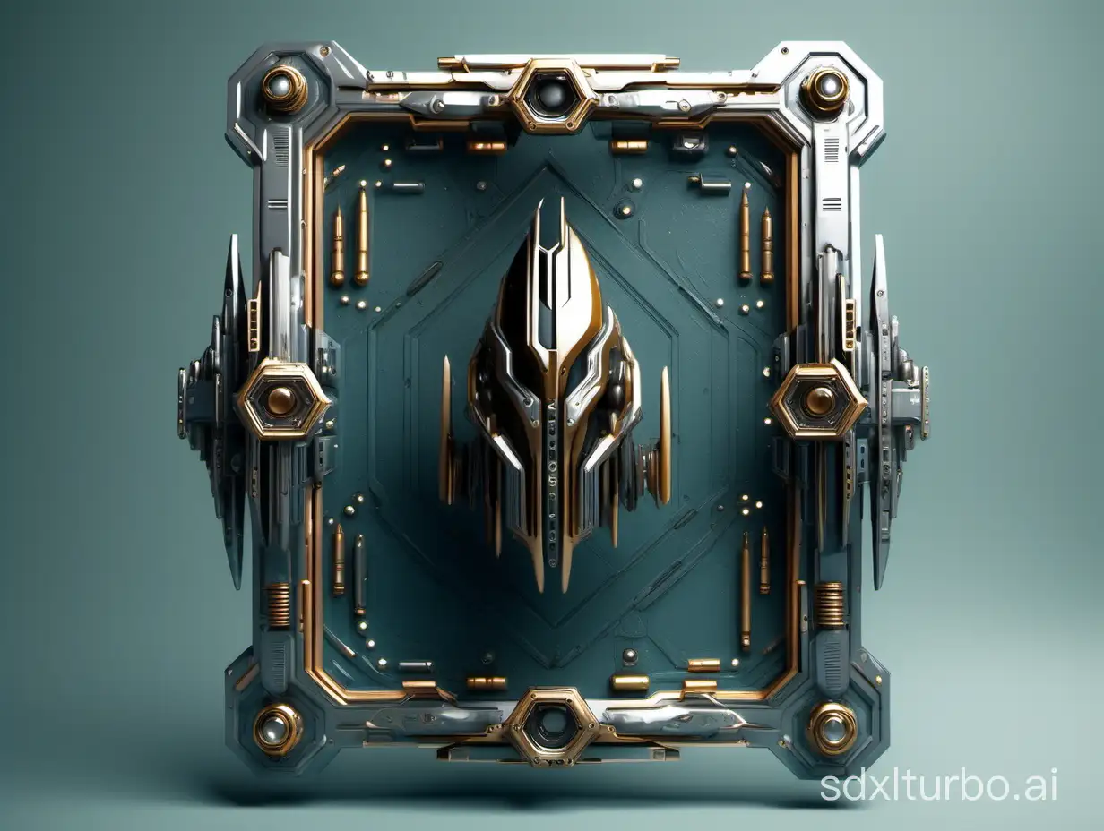 create a scifi frame with sharp edges and bullets decoration, front view