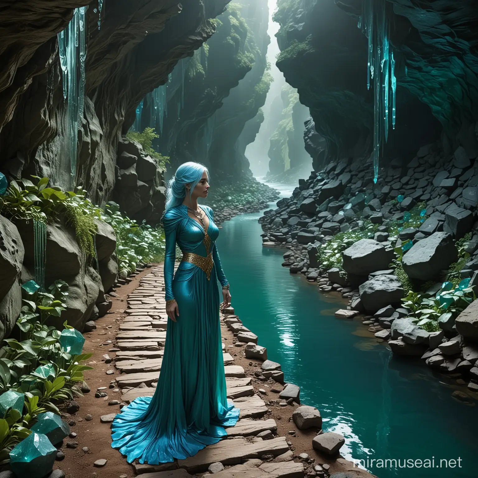 An elegantly dressed, blue-skinned woman on a path in the depths of Greed Cave, a mystical world with green crystal walls.  A river runs through it.  You can mine precious ores like rubies, gold, and platinum here.