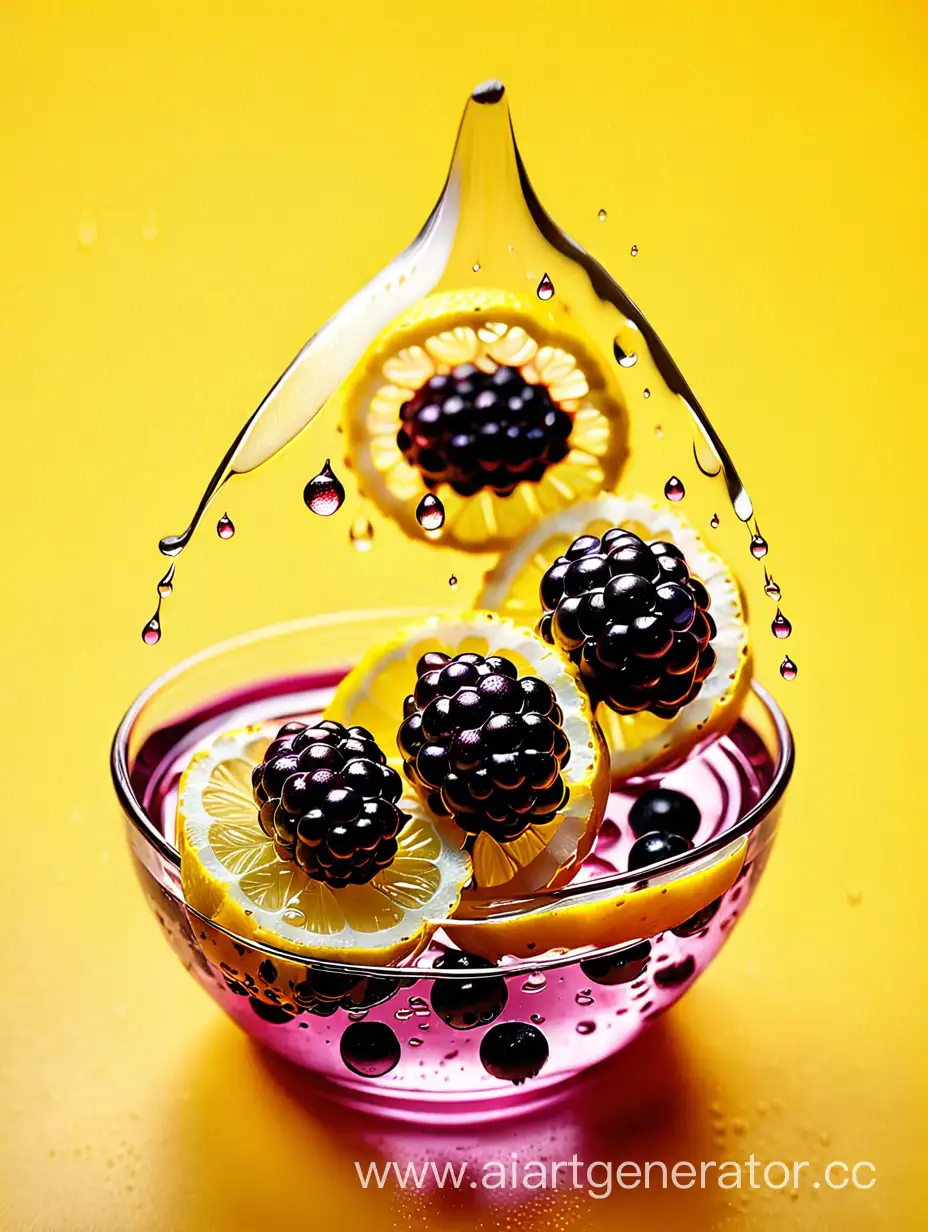 Boysenberry-Lemon-Slices-Water-Droplet-on-Vibrant-Yellow-Background