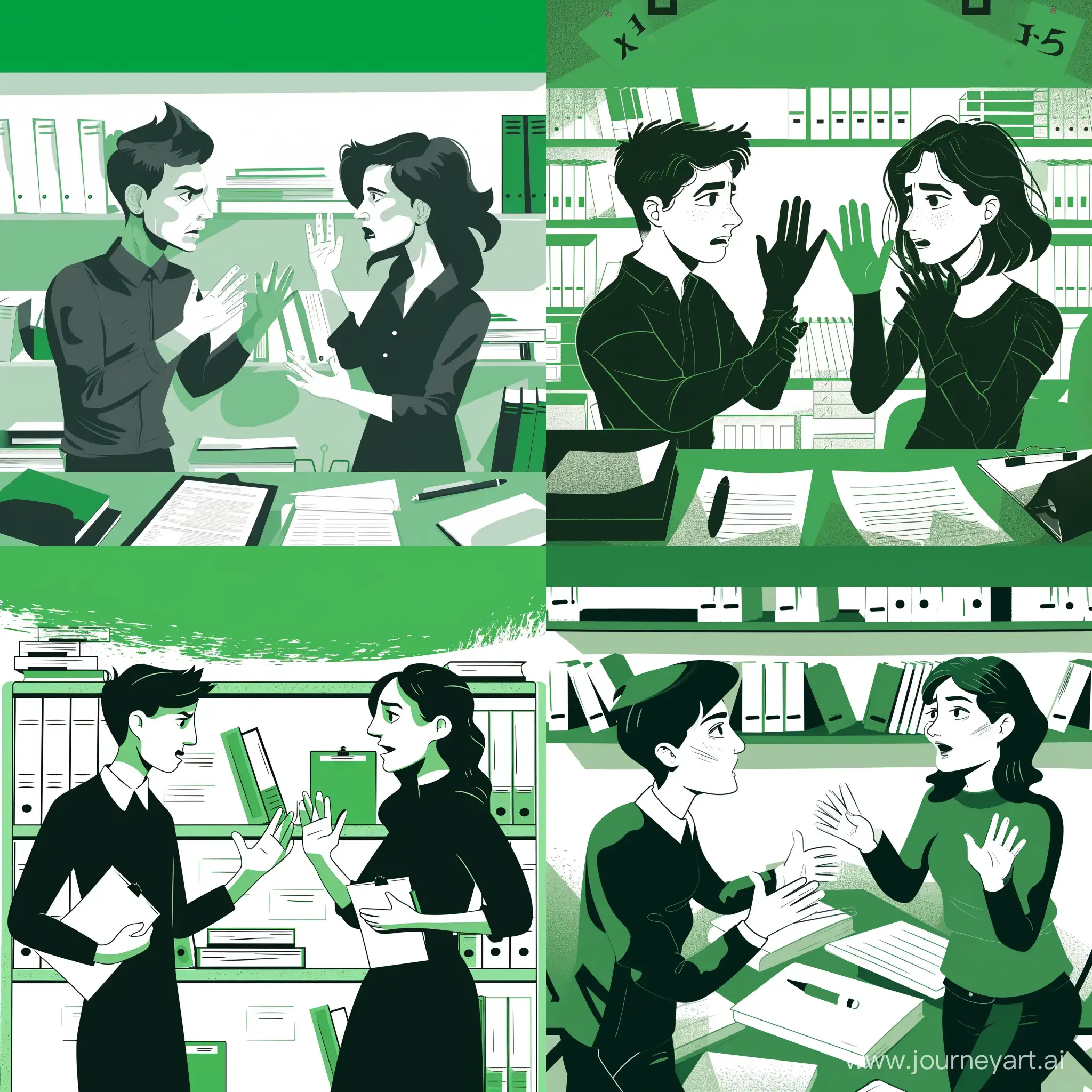 image in green, white and black colors of the x5 group russia retail market, less bright colors, which depicts a discussion area, books and stationery arranged, cartoon simple art graphics of characters, Full HD, two young people arguing - a man and a woman, abstract faces , argument, emotional debate on a provoking topic, monochromatic space in the top pictures, a simple background in white-green-black tones, an arguing man and woman are in a room intended for debates and polemics on debatable topics, there is a business environment around, the light is dim in a combination of white-green-black shades, the colors are dim but expressive, a man and a woman are discussing some topic. the character design is beautiful, the contours of the body and face are clear and well drawn, there are 5 fingers on each hand, the fingers are drawn well, the character design is unrealistic, but the body proportions are similar to real human ones, the characters are beautiful and well detailed, both are arguing and standing opposite each other, in their hands they have writing paper or a notepad with a pen, they argue and write down each other’s arguments. around them are shelves with documents. there are no inscriptions on documents or any objects around, the background is calm, there should be a solid green space at the top of the image, there should be no patterns or interference, no blurriness or unclear outlines, the debaters will present the project to their colleagues