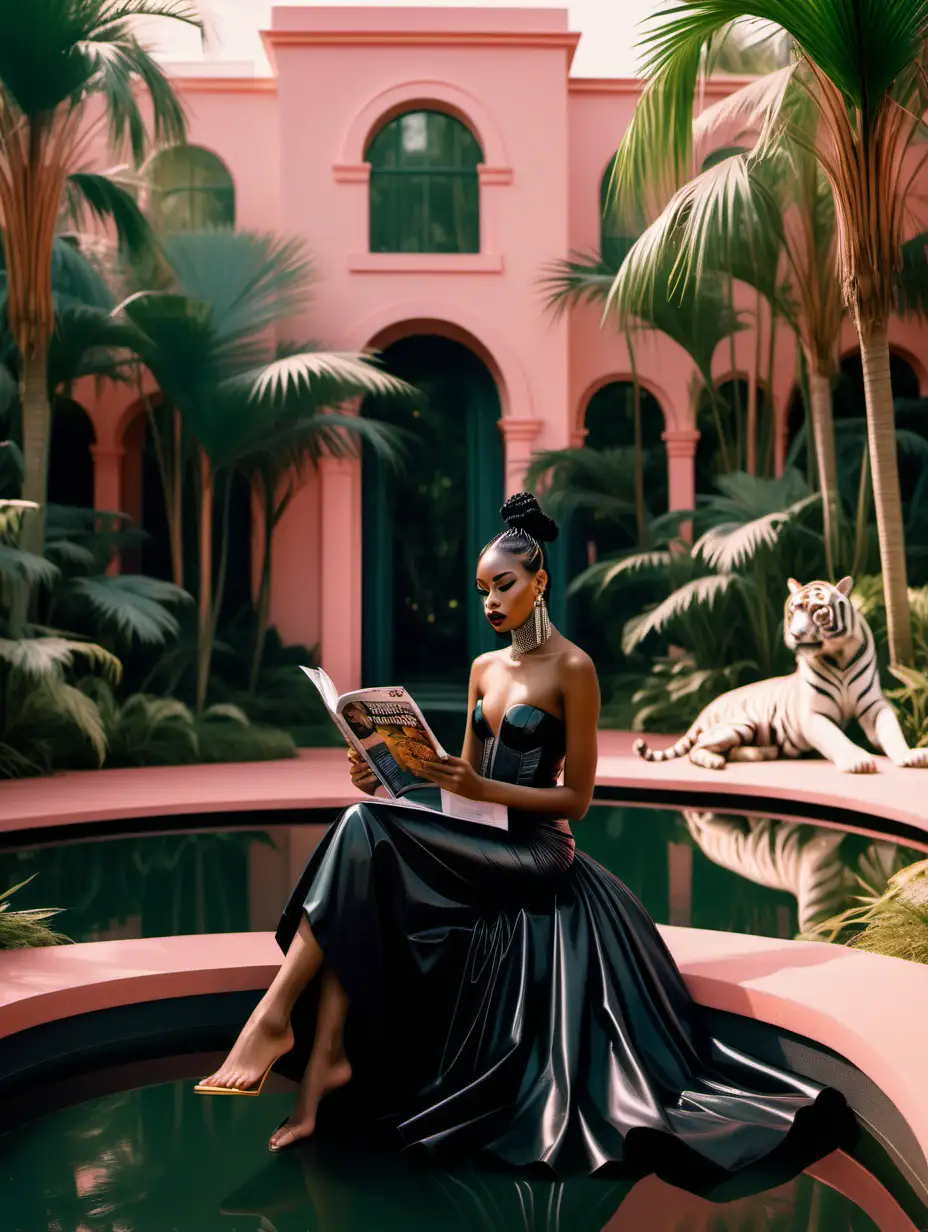 black woman models with piercings wearing futuristic black gowns, reading a fashion magazine and sitting by pond with tiger in luxury palm garden, soft light, wes anderson color palette