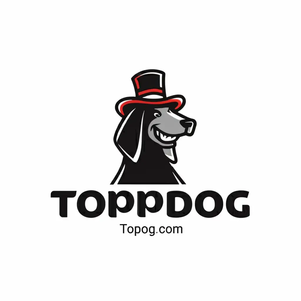 a logo design,with the text "topppdog.com", main symbol:large black dog with the tall top hat,Moderate,be used in Animals Pets industry,clear background
