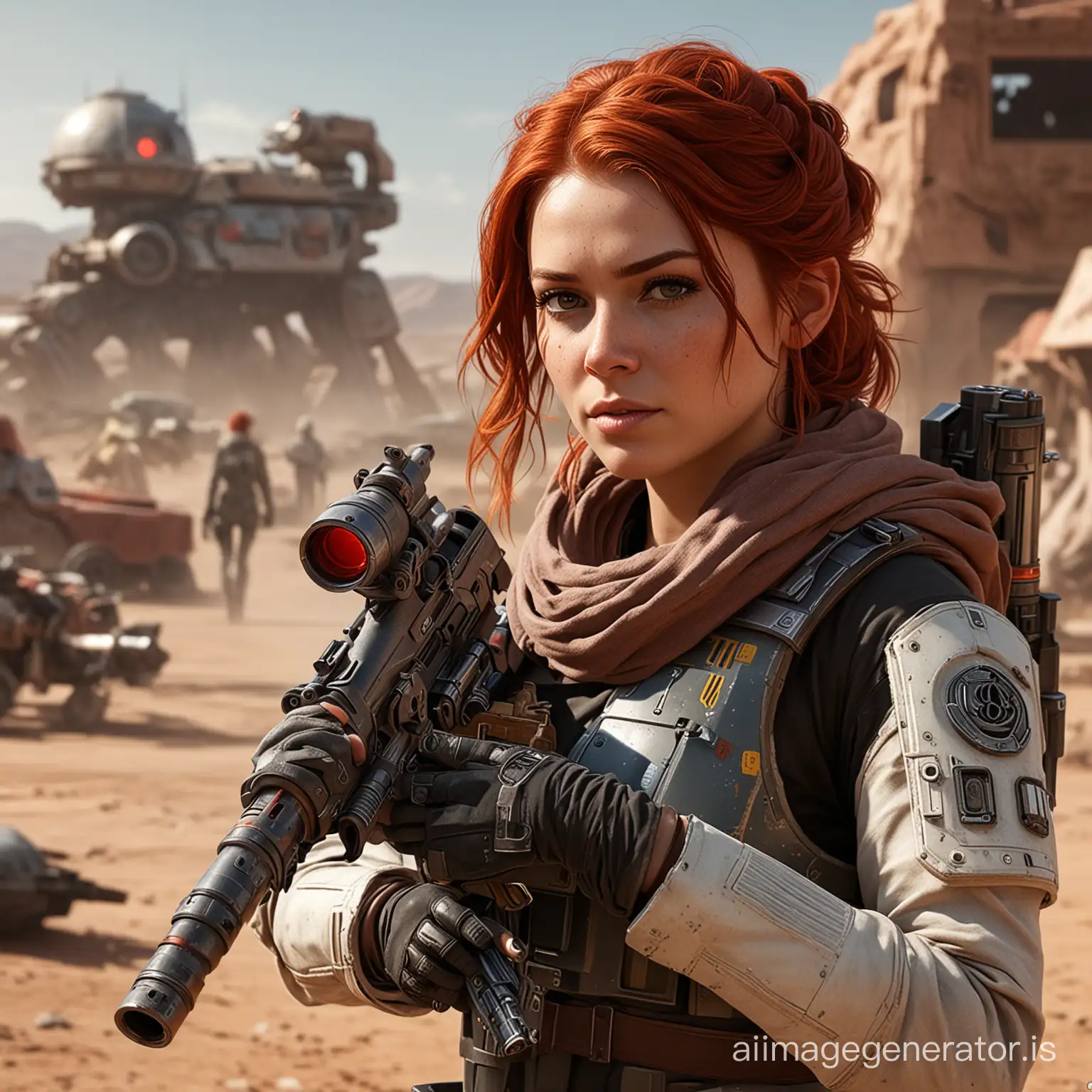 masterpiece, detailed, realistic, digital art, Mira from Star wars, red hair, holding a laser rifle, detailed, bokeh, realistic, fallout style, walking, atomic wasteland, bokeh,