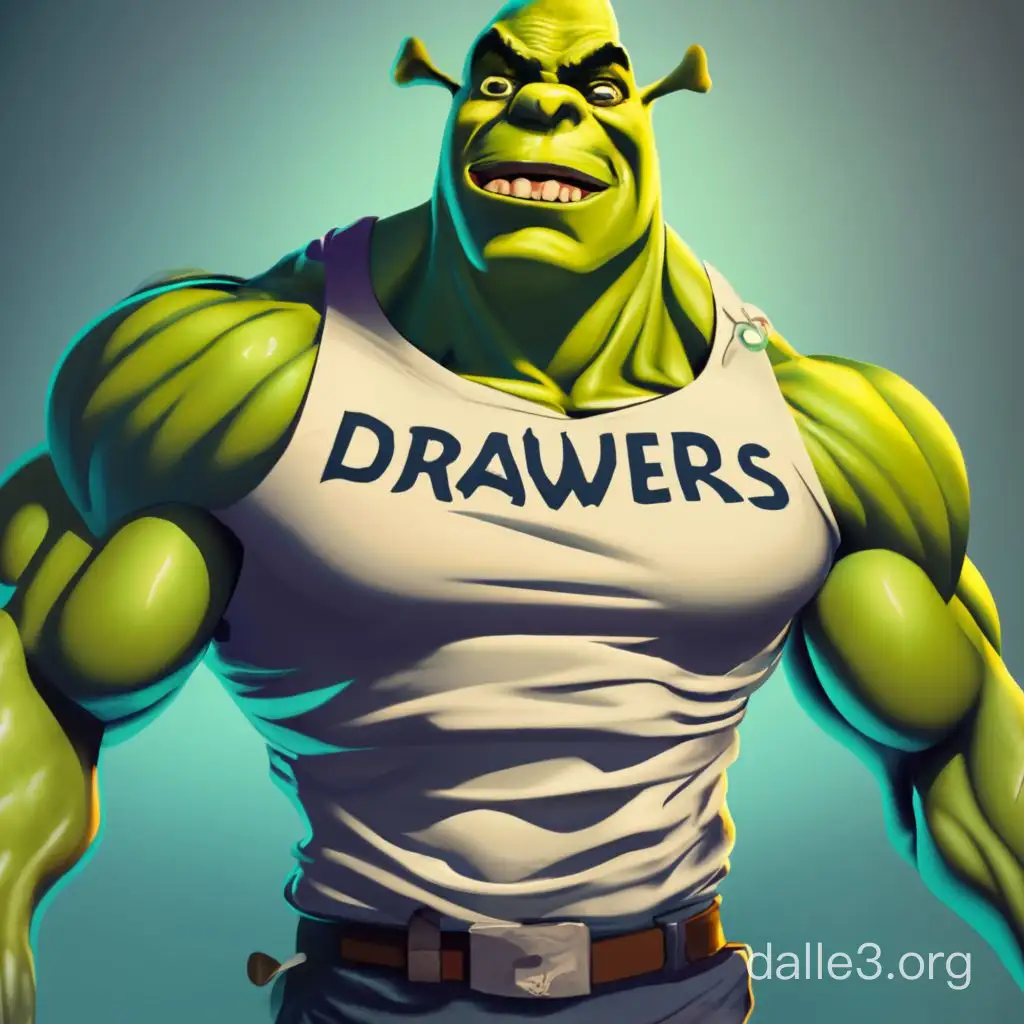 Epic scene of extremely muscular Shrek as anime character, full body view facing sideways, 2d anime art, green skin, angry facial expression showing teeth, furrowed brows, wearing sleeveless white shirt, intricate anime lighting and shadows highlighting muscular bodybuilder physique, t-shirt text "Drawers", very detailed anime facial features, intricate shading and shadows creating high contrast and drama