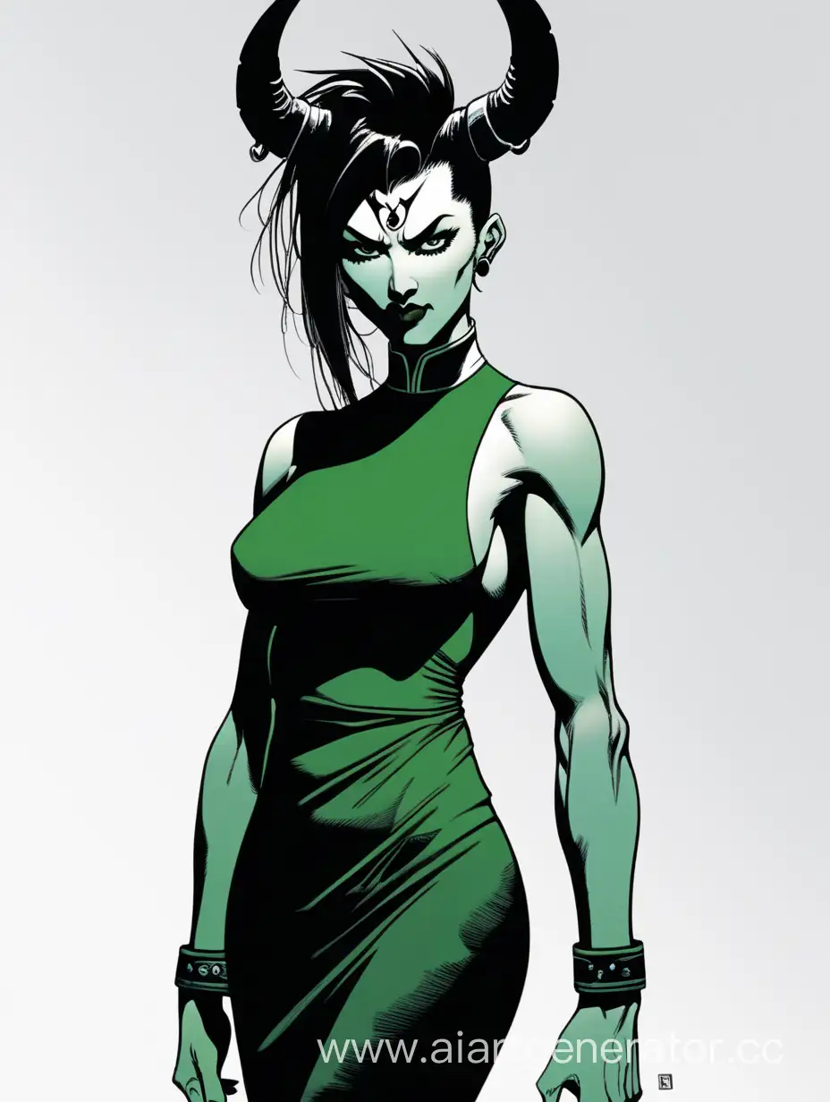 Demon, Frank Miller's Sin City art style, athletic body, short black hair with mohawk, asian green dress, horns, asian female character 