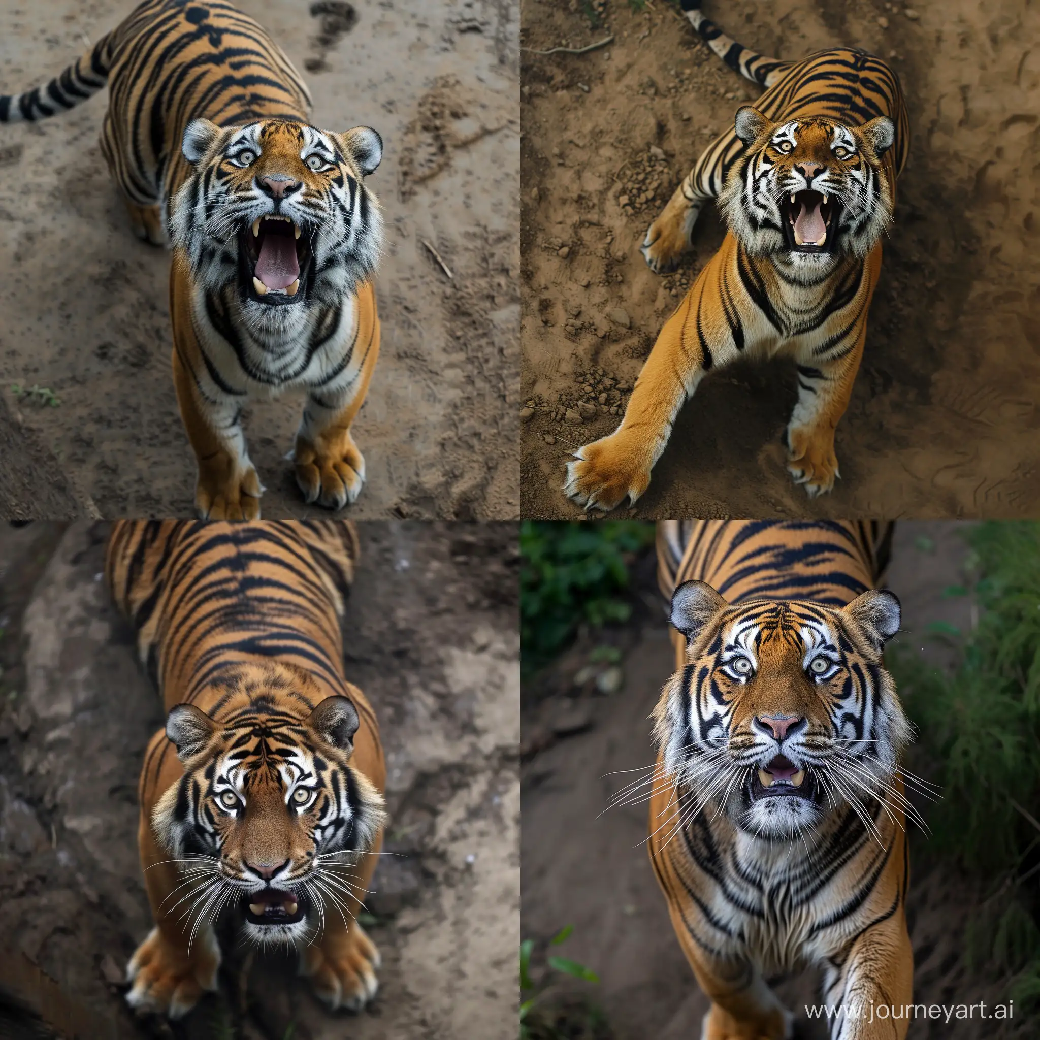 Реалистичная фотография, тигр, крадется вниз, рычит, вид сверху, hd, дикая природа