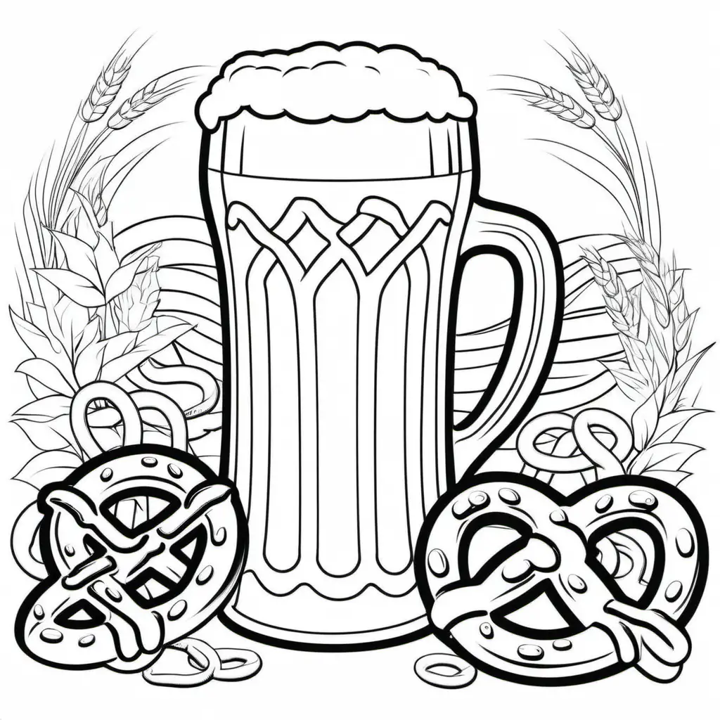 Colorful German Beer and Pretzels Coloring Page for Kids