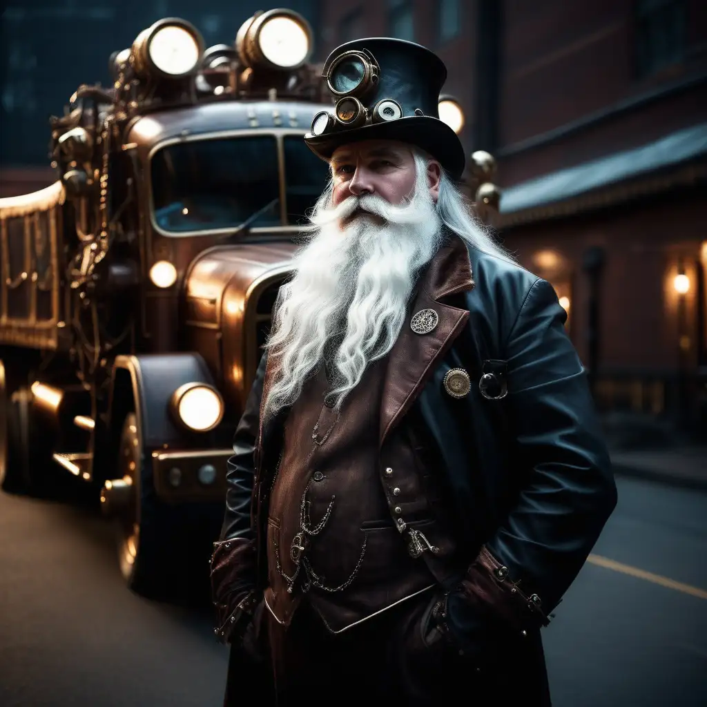 Steampunk Man with Long White Beard in the Soft Light of Darkness by a Big Truck Street with Reindeers